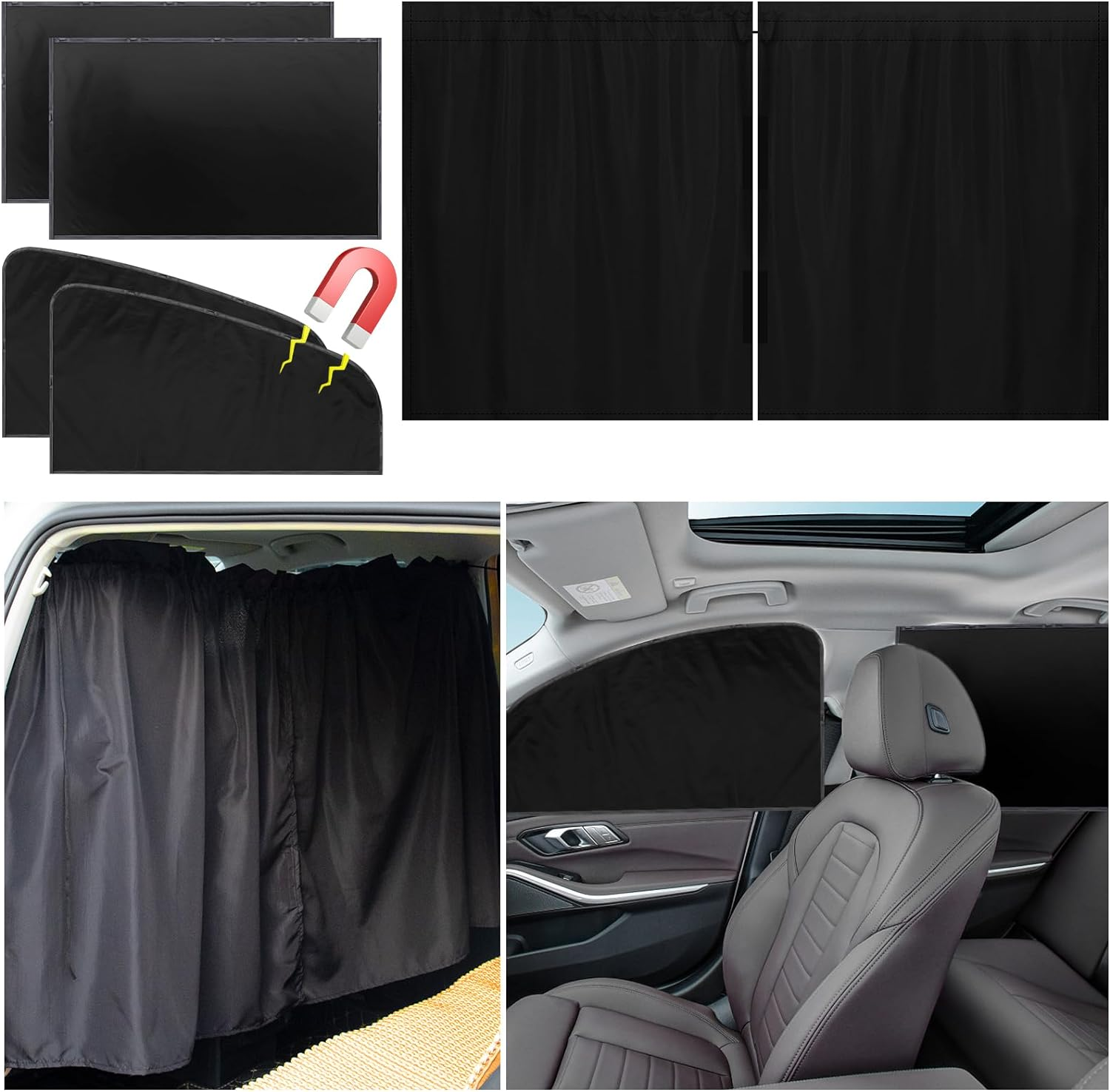 PAMASE Set of 5 Car Privacy Curtains - 4 Magnetic Side Window & 1 Rear Seat Divider Curtain with Storage Bag, Sun Baby Shades Screen Covers for Sedan SUV Camping Travel Nap Sleeping, Black