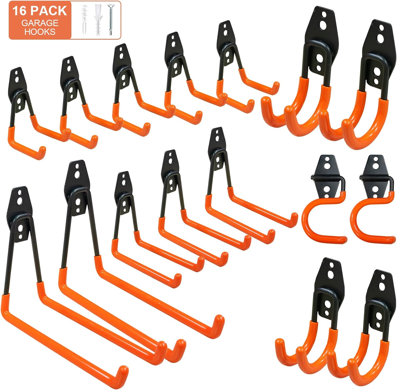 Sulishang 16 Pack Garage Hooks Heavy Duty, Utility Steel Garage Storage Hooks, Wall Mount Tool Organizer with Anti-Slip Coating for Garden Tools, Ladders, Bulky Items and More Equipment (Orange) image number 6