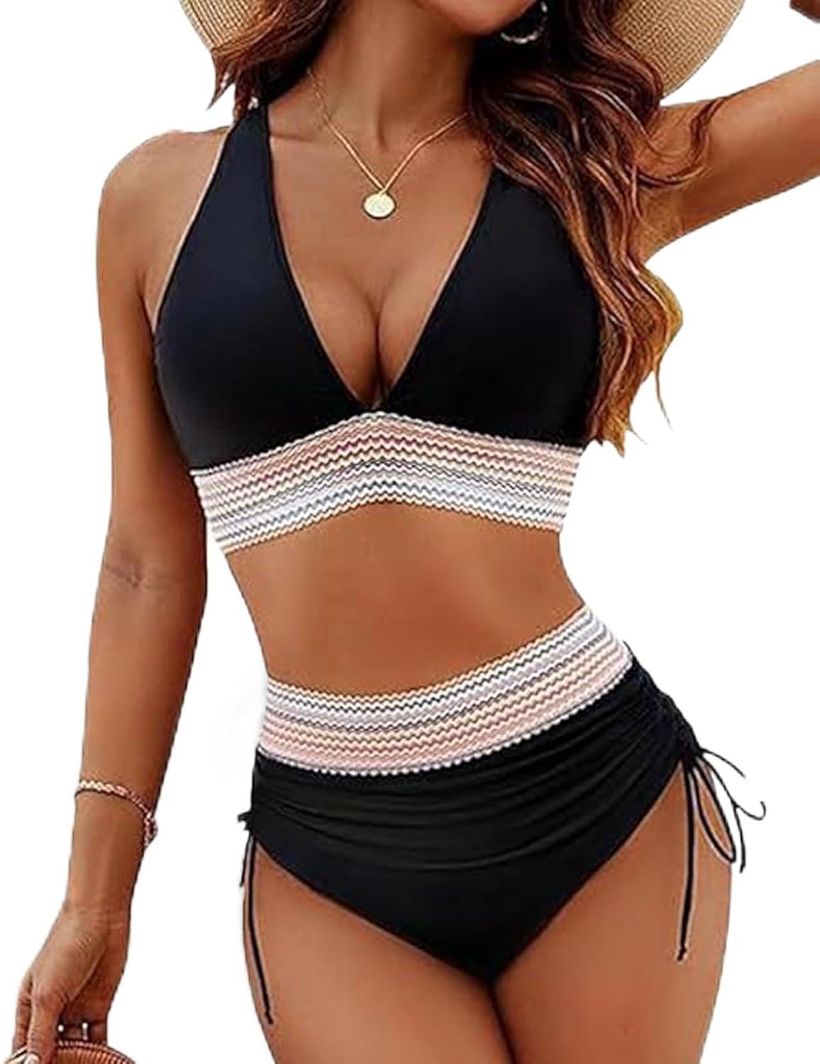 Sunny Salty Bikini Set for Women, Deep V Neck High Waisted Tummy Control Bikini Set for Women, Two Piece Sunny Salty Bathing Suit for Womens