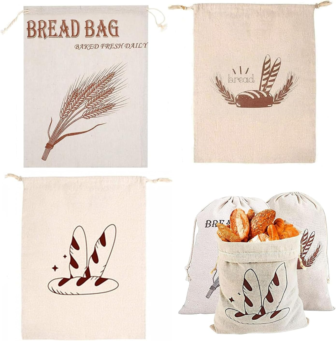 Yharnamite 3 Pcs Linen Bread Bags, 30 X 40Cm Large Capacity Bread Storage Bags with Drawstring, Reusable Food Storage Bread Keeper for Homemade Bread, Baguette, Fruit, Vegetables image number 2