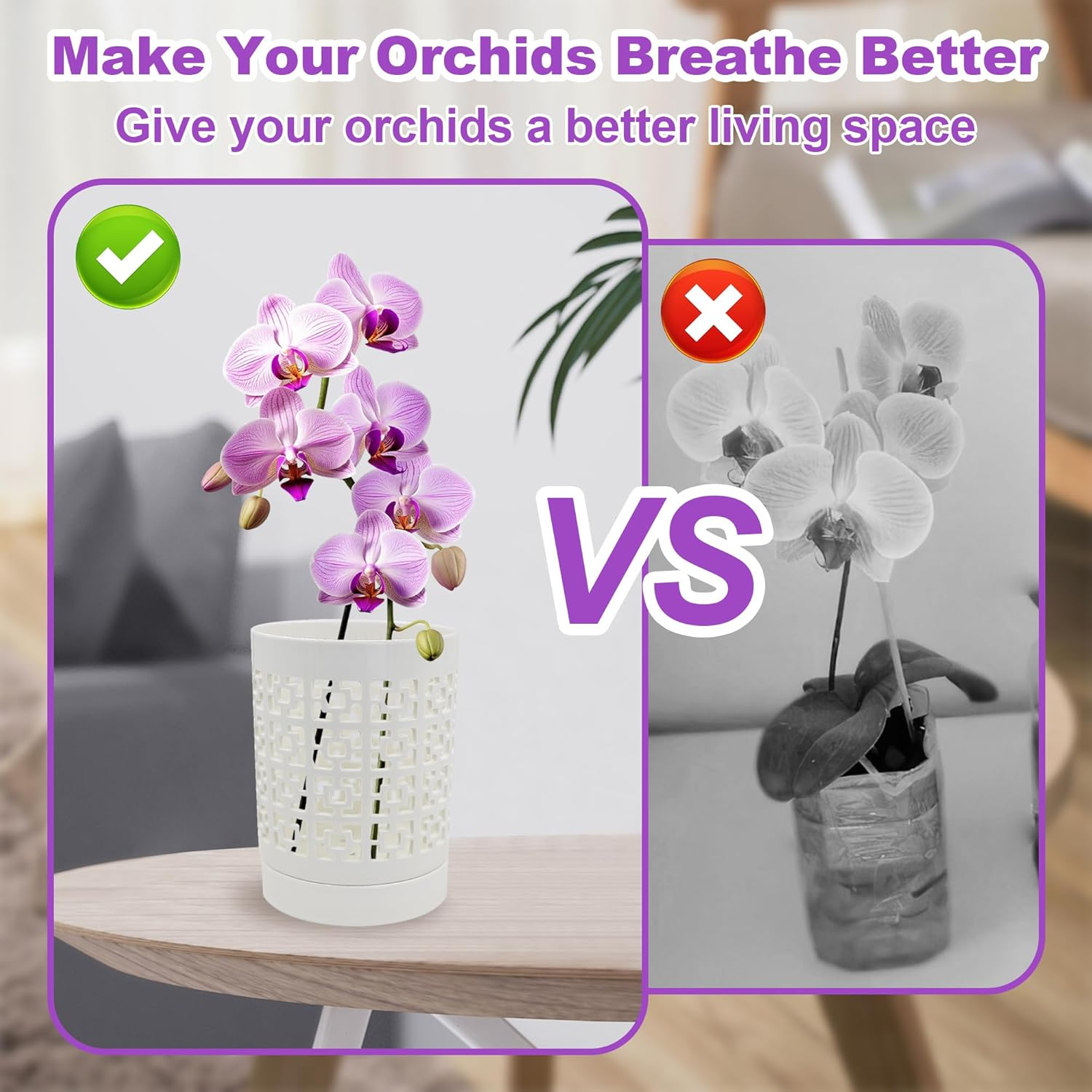 Orchid Pots with Holes, 4 Inch Ceramic Plant Pots for Indoor Plants with Drainage and Saucer, Orchid Planter Pots for Repotting, Small Flower Pots for Orchids Indoor Outdoor (White)