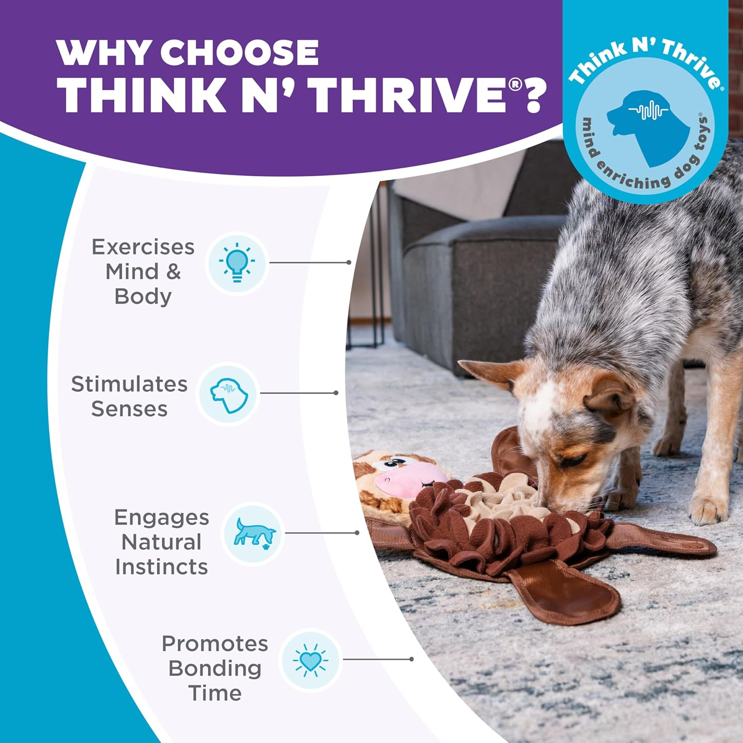 Outward Hound Nina Ottosson Snuffle Palz Interactive Plush Dog Puzzle and Snuffle Mat for Dogs, Non-Slip Snuffle Mat, Dog Enrichment Toys, Plush, Cow, Brown, Large image number 4