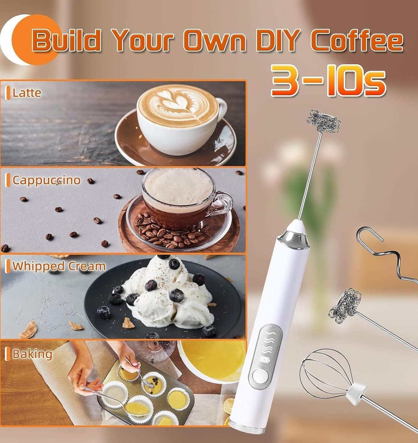 Milk Frother Handheld Rechargeable with Stand, Multi-Function Coffee Frother with 3 Stainless Steel Whisks 3 Speeds,Whisk Foam Maker for Coffee, Lattes, Cappuccino, Matcha, Hot Chocolate & Creamer - Black image number 4