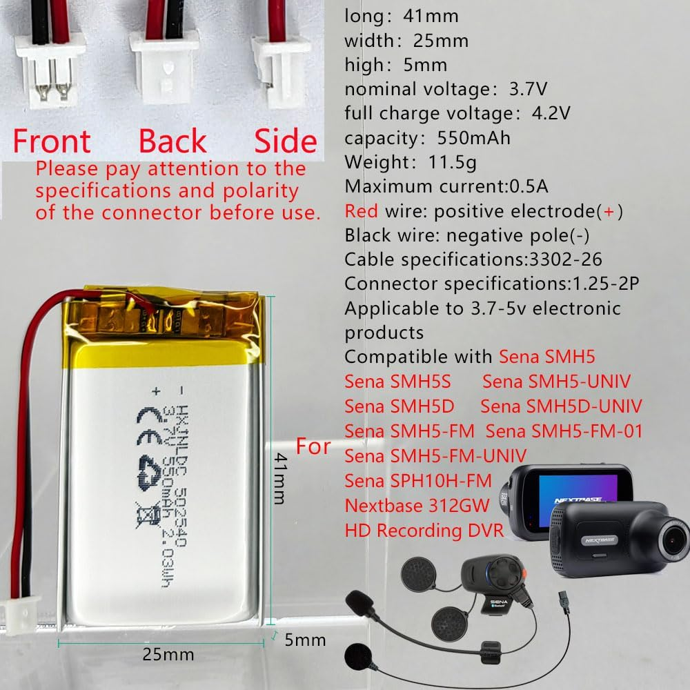 502540 3.7V Battery 550Mah for Sena SMH5 Motorcycles Bluetooth Headset Battery Replacement Sena SMH5-FM SMH5D SPH10H-FM Battery Part Number (P/N): ICP40/25/40P Fits Nextbase 312GW HD Recording DVR Cam image number 3