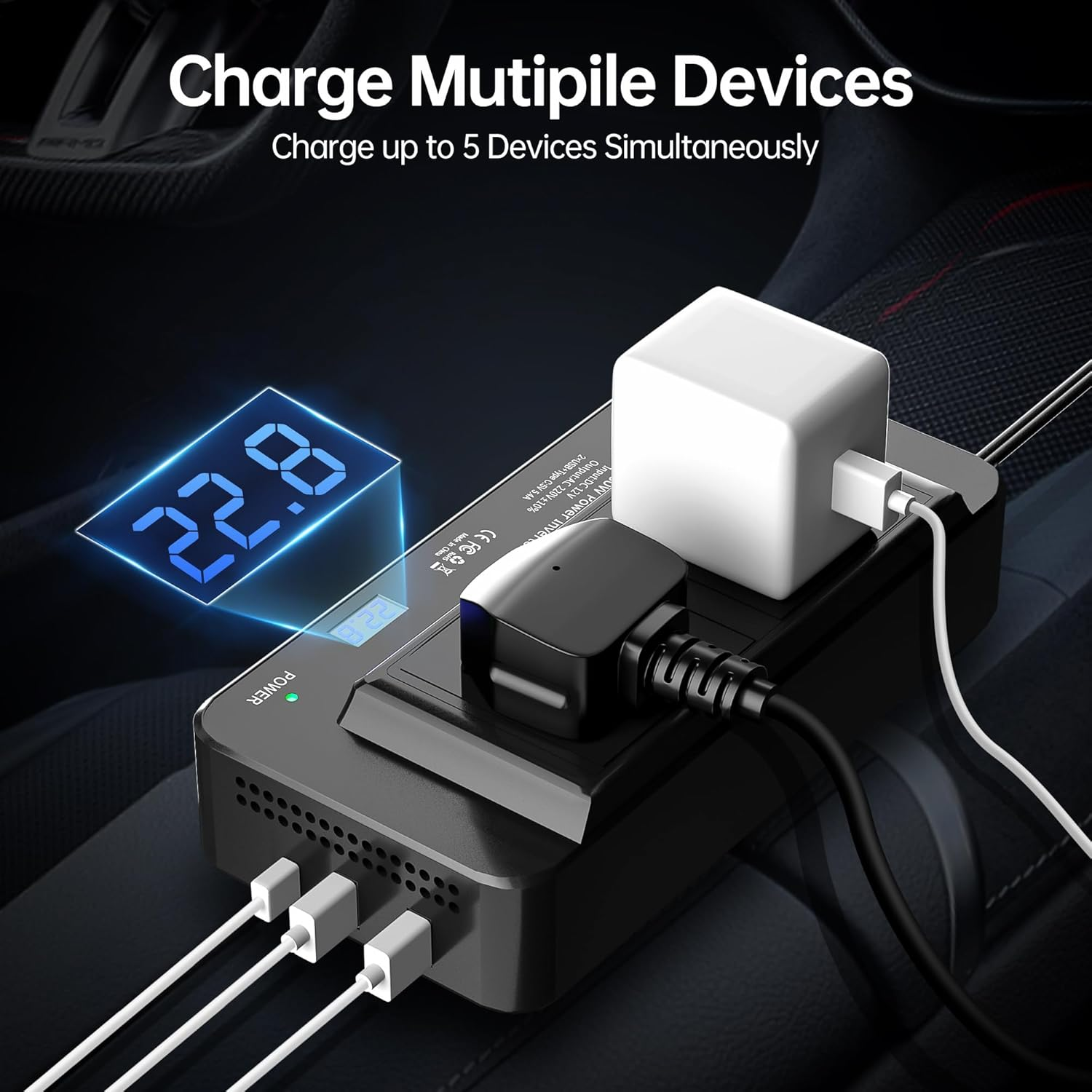 BGFOX 200W Car Power Inverter, 6-In-1 DC 12V to 240V / 230V AC Voltage Converter with 2 AC Outlets / 18W USB-C and 4.8A Dual USB Ports / 12V Car Cigarette Lighter Socket - Black image number 6