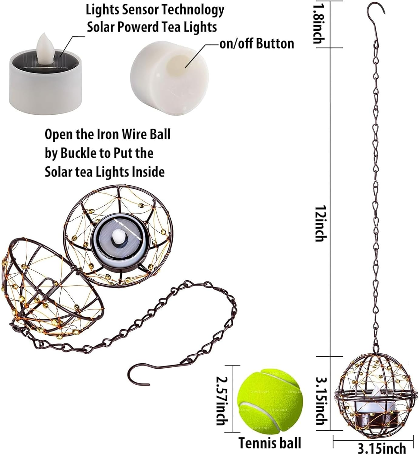 Outdoor Solar Hanging Lanterns Waterproof, Globe Hanging Candle Holder with Flickering Solar Powered Tea Lights, Chargeable Chandelier Light for Backyard Patio Garden Fence Tree Decoration-4Pack image number 3