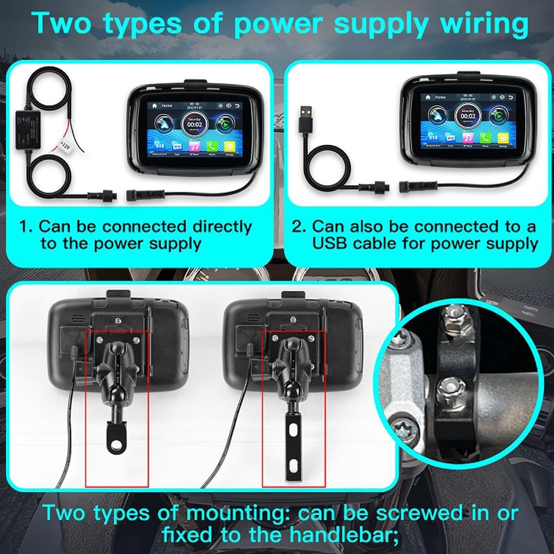 Portable Motorcycle Monitor Compatible with Wireless Apple Carplay and Android Auto 5'' IPS Waterproof Ipx6 Dual Bluetooth Car Touch Screen Built-In Speaker for Motorbike Powered by 5V~50V image number 6