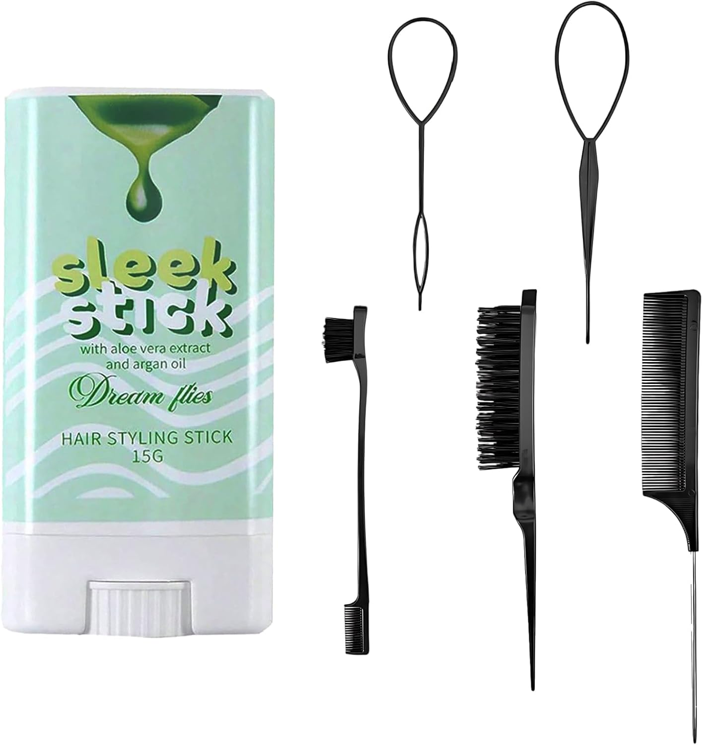 5PCS Slick Back Brush, Hair Wax Stick Set for Sleek Hairstyles, Black Hair Brush Kit with Aloe Vera Wax Sticks, Ideal for Flyaway Hair Control, Dance Performances and Hairstyling