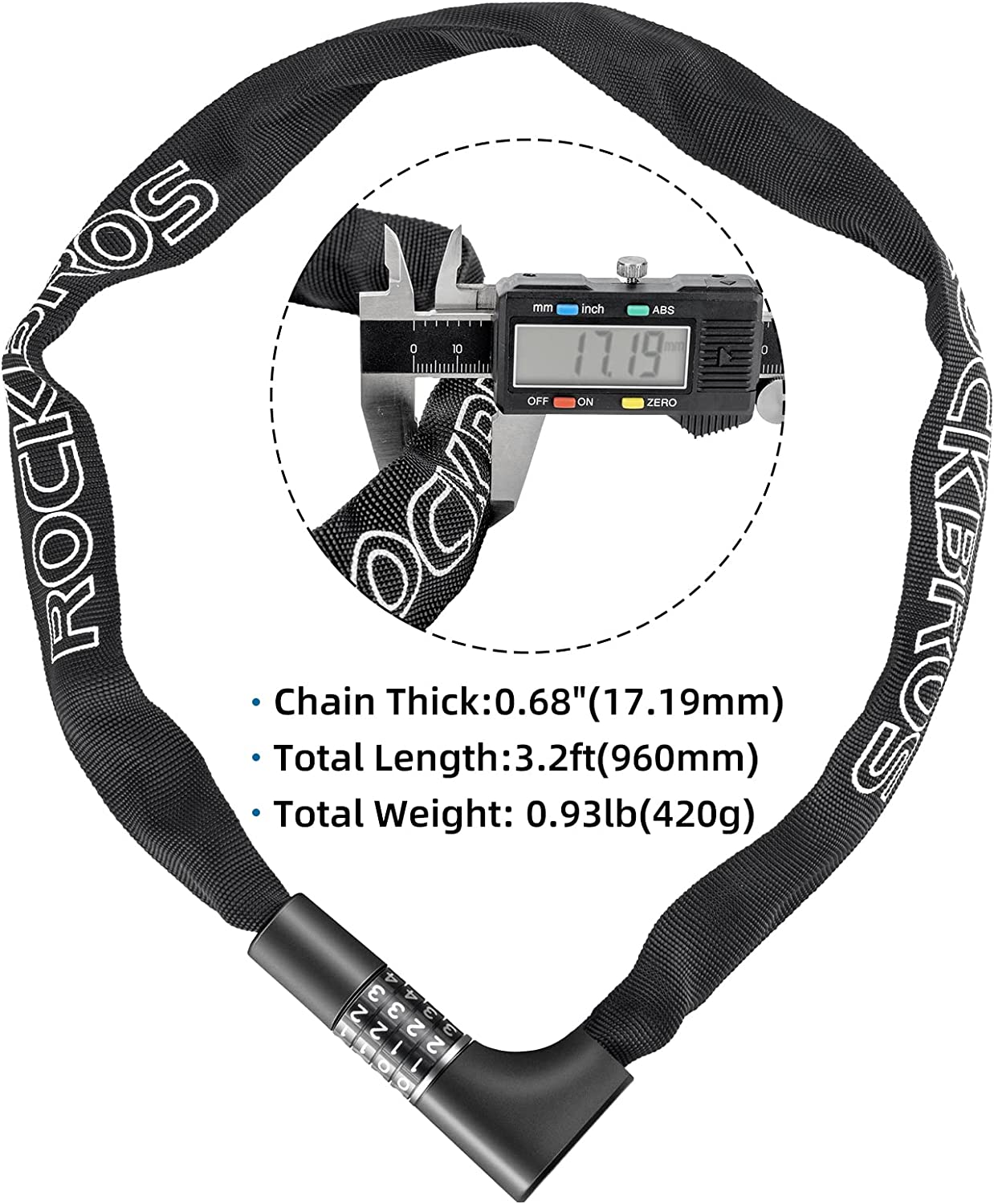 ROCKBROS Bike Lock Chain Bicycle Lock 3.2FT Security Anti-Theft Bike Chain Lock Resettable Combination Bicycle Chain Lock Bike Locks for Bike, Motorcycle, Bicycle, Door, Gate, Fence, Grill with 2 Keys