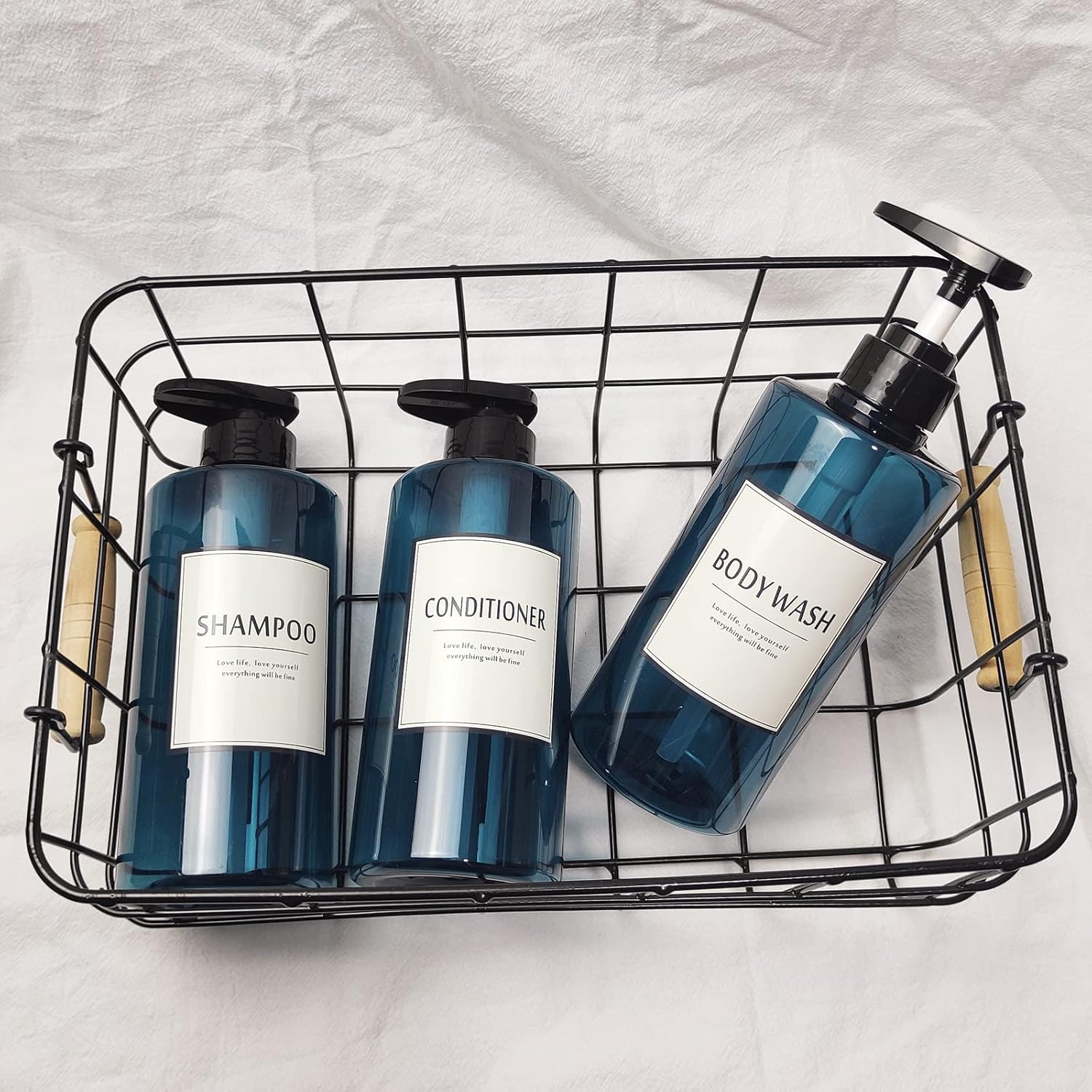 500Ml Shampoo Bottles Refillable,Empty Pump Plastic Bottle 16.9Oz Shower Container with Lables for Shampoo,Conditioner,Body Wash(Blue,1 Set) image number 3