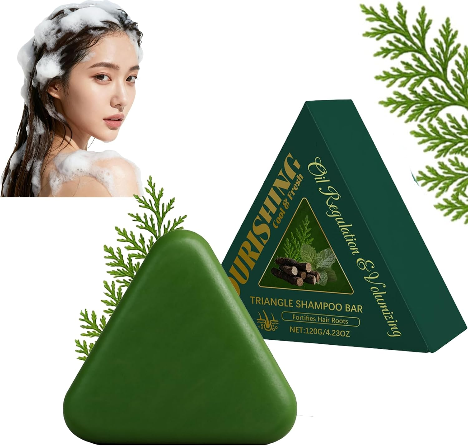 Cypress Leaf Hair Soap Nature Triangle Shampoo Bar, Triangle Green Shampoo Bar, Gentle Cleansing, Calming & Strengthens Hair, Plant-Based Solid Soap for Women & Men, Improve Frizziness (2Pcs)