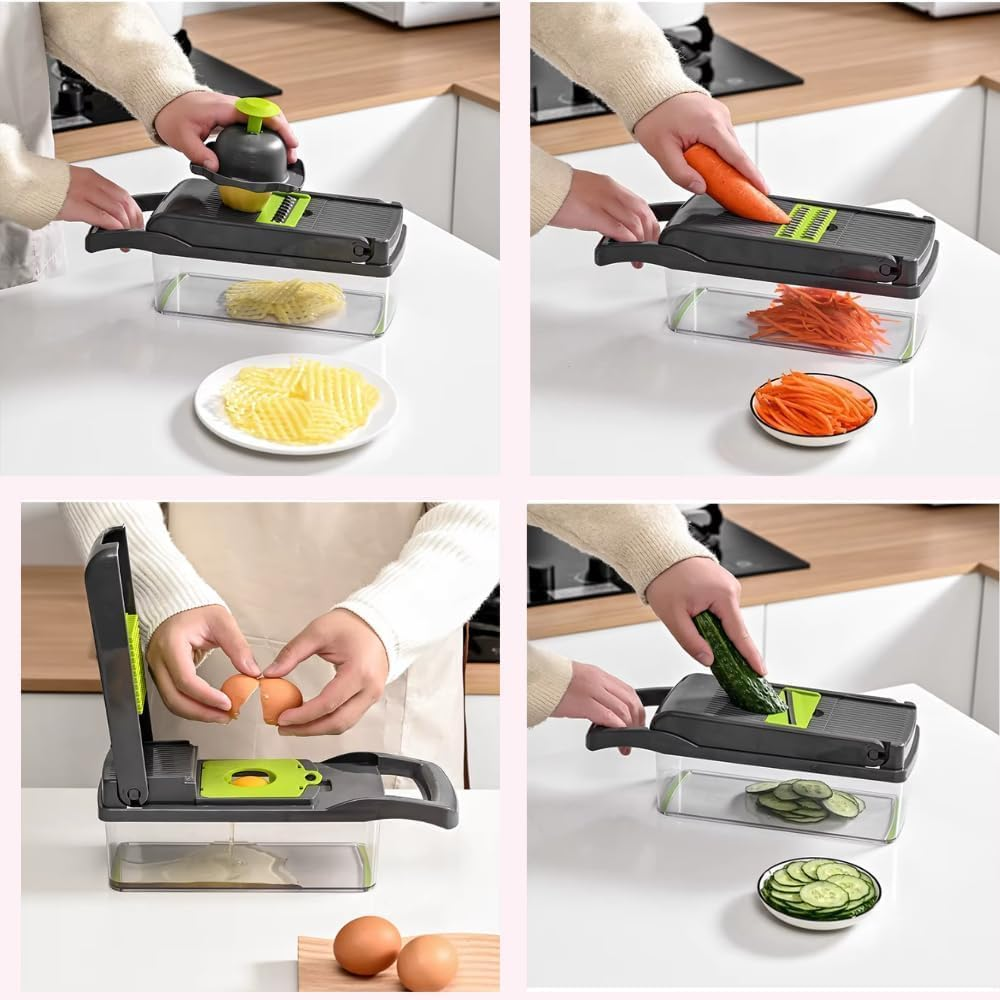 Mumoo Bear 16-In-1 Ultimate Vegetable Chopper & Mandoline Slicer &ndash; Multi-Blade Food Dicer, Spiralizer, Grater & Cutter with Container &ndash; Kitchen Gadget for Fruits, Veggies, Cheese &ndash; Black & Green image number 6