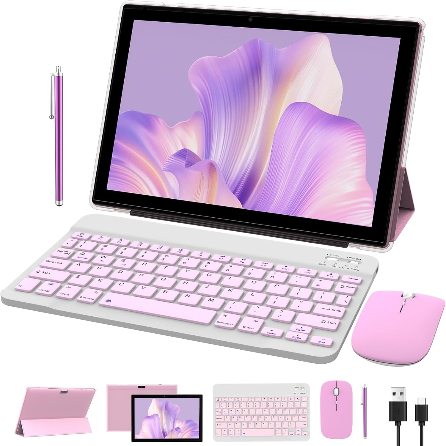 2 in 1 Tablet 10 Inch Android 14 OS Tableta, Tablets with Keyboard, Mouse, Case, Stylus, 64GB ROM+8GB RAM, 2MP+8MP Dual Camera, Quad Core Processor, 6000Mah Battery, 10.1 in FHD Tab (Pink) image number 3