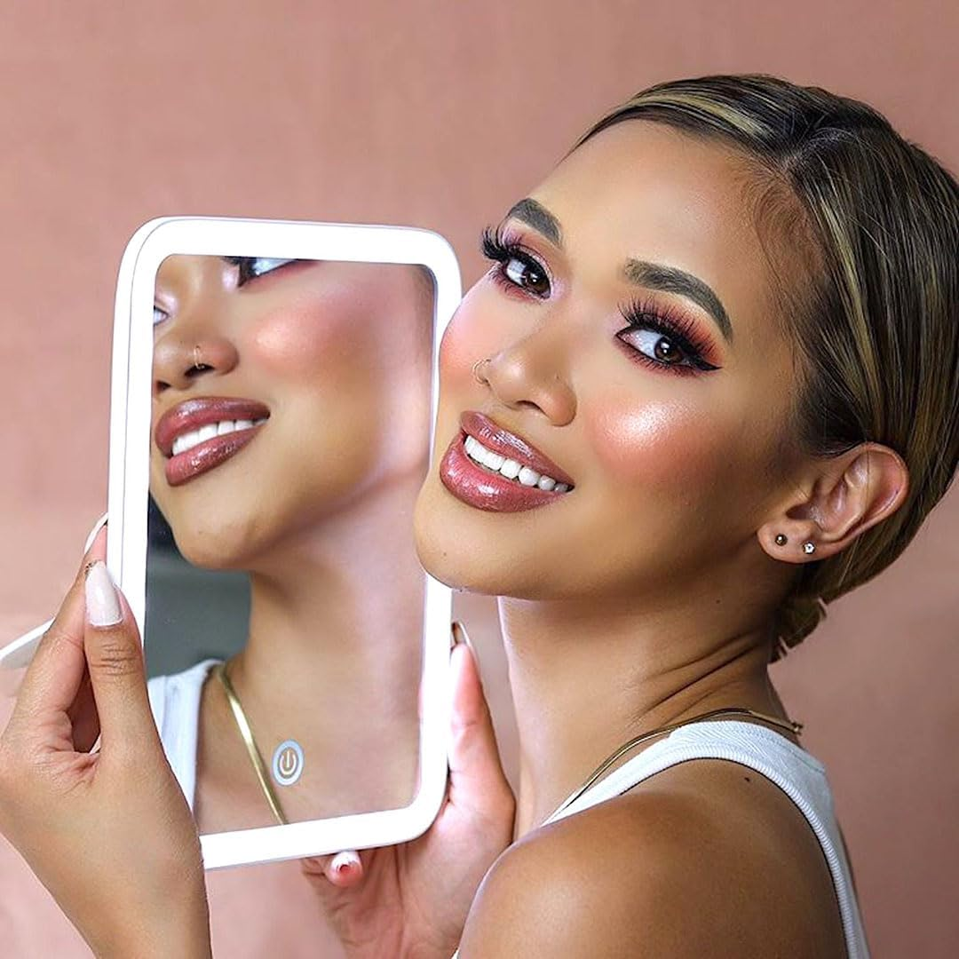 Fancii Portable LED Makeup Mirror with 3 Adjustable Light Settings, 1X Large Mirror & Detachable 10X Magnifying Mirror - Cordless Lighted Vanity Mirror for Travel, Dual Power, 360&deg; Rotatable Kickstand - Aura Go (Rechargeable) image number 3