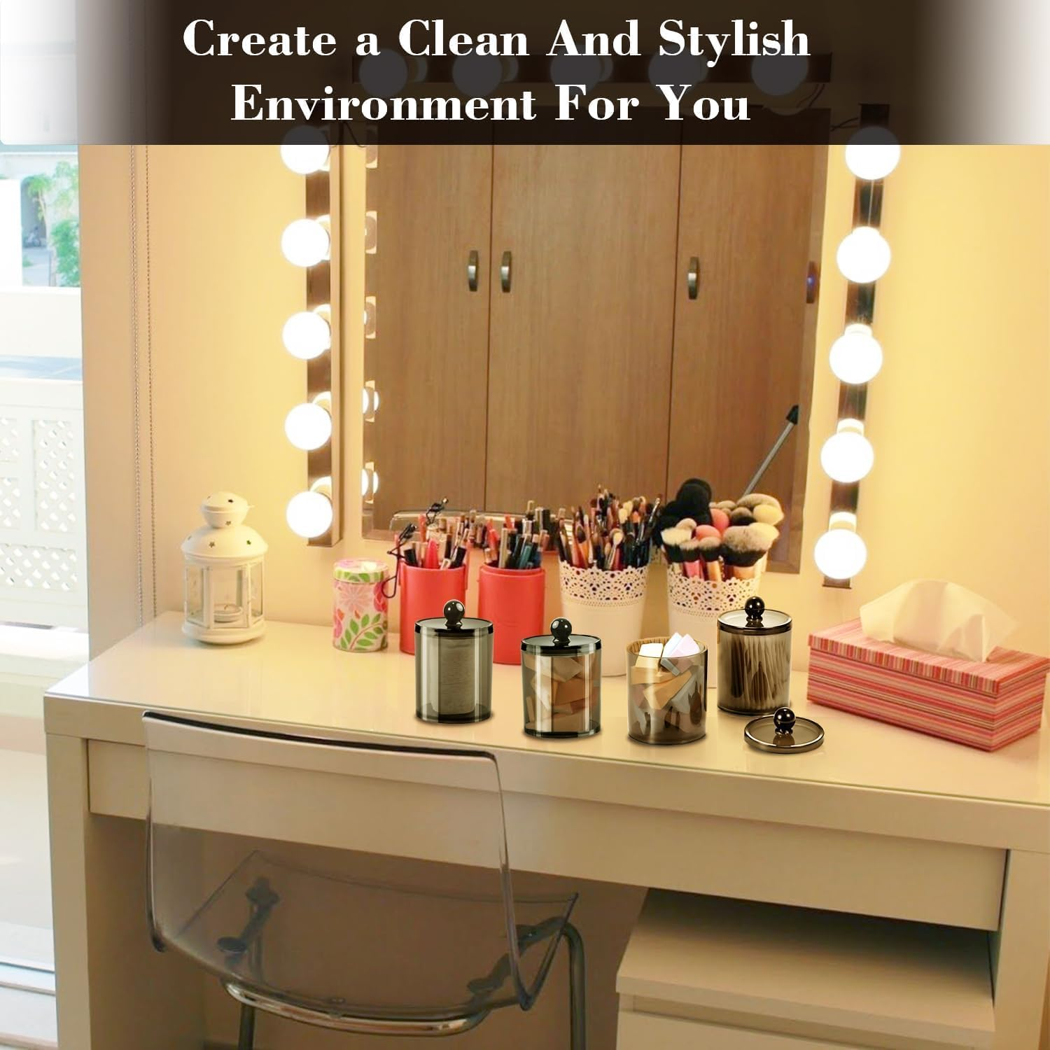 QIXIAOTOUQI 4 Pack Cotton Buds Dispenser, Cotton Pad Holder, Clear Black Cotton Swab Holder ,12 Oz Black Apothecary Jars Bathroom for Cotton Ball, Pads,Floss,Makeup Sponges,Hair Clips image number 3