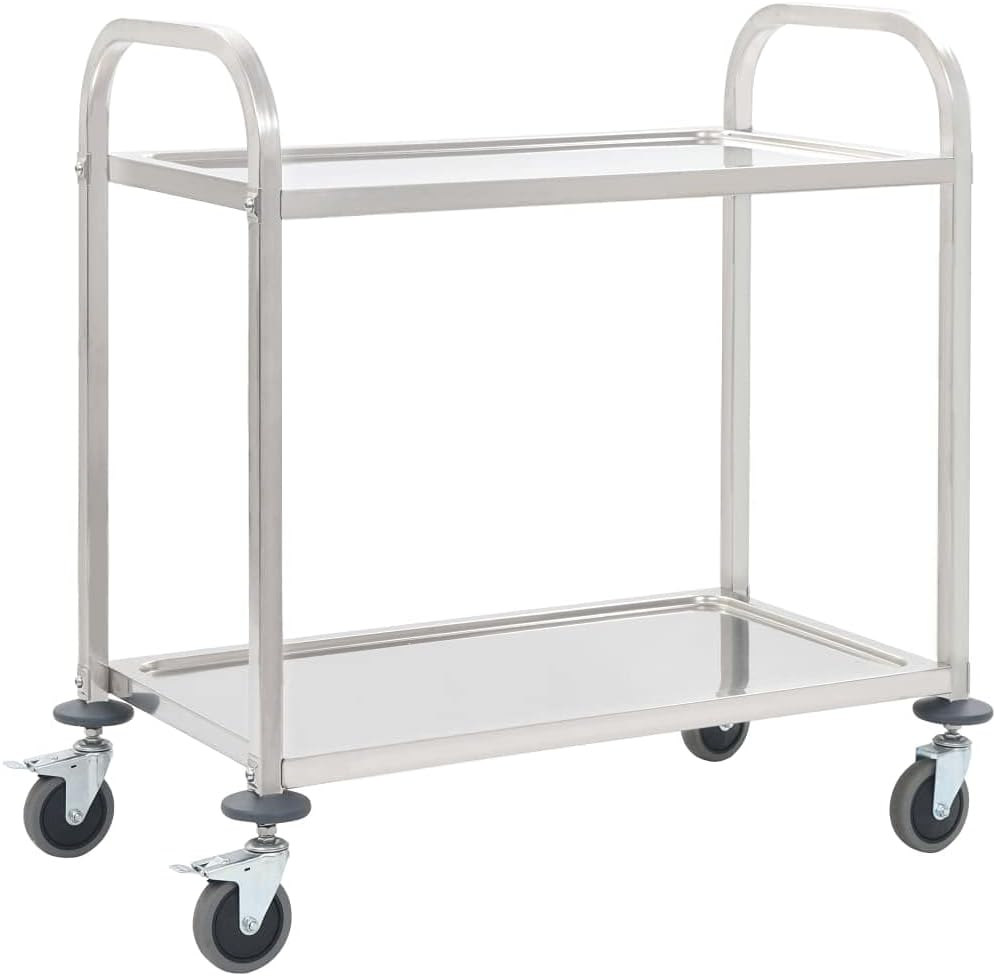 Vidaxl 2-Tier Robust Stainless Steel Kitchen Trolley with Efficient Braked Castors and Spacious Trays - Silver image number 6