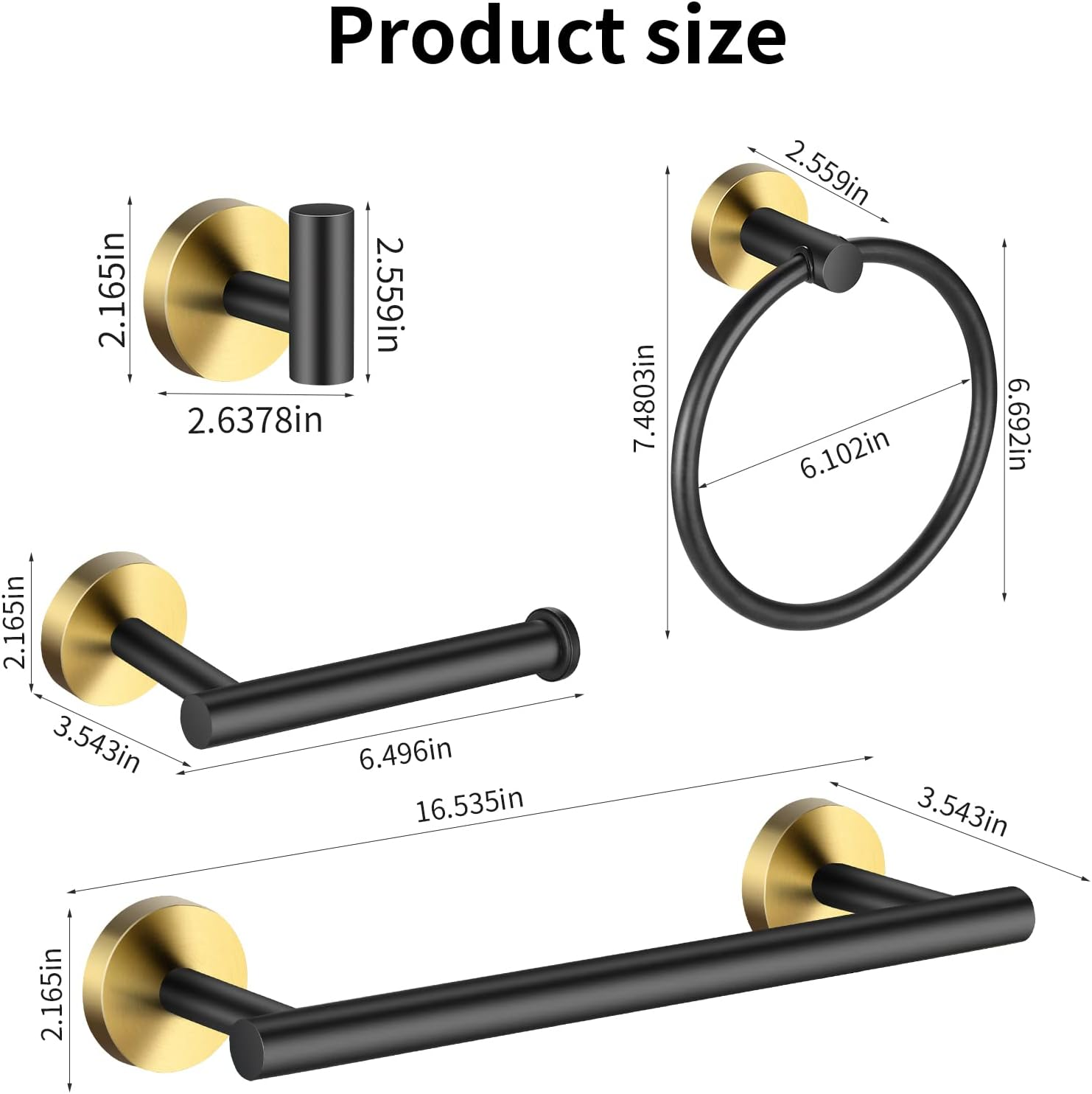 Hinmood Bathroom Hardware Set Black and Gold, Towel Bar Set Including 16Inch Towel Bars, Toilet Paper Holders, Towel Rings and Robe Towel Hooks