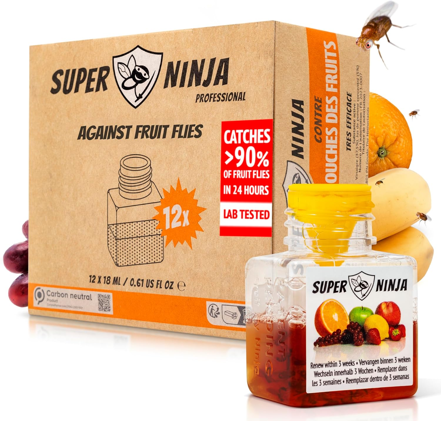Super Ninja Fruit Fly Trap - 12 Pack, Highly Effective Fruit Fly Trap for Indoors, Home & Kitchen, up to 3 Weeks of Performance per Bottle, Kid & Pet Friendly