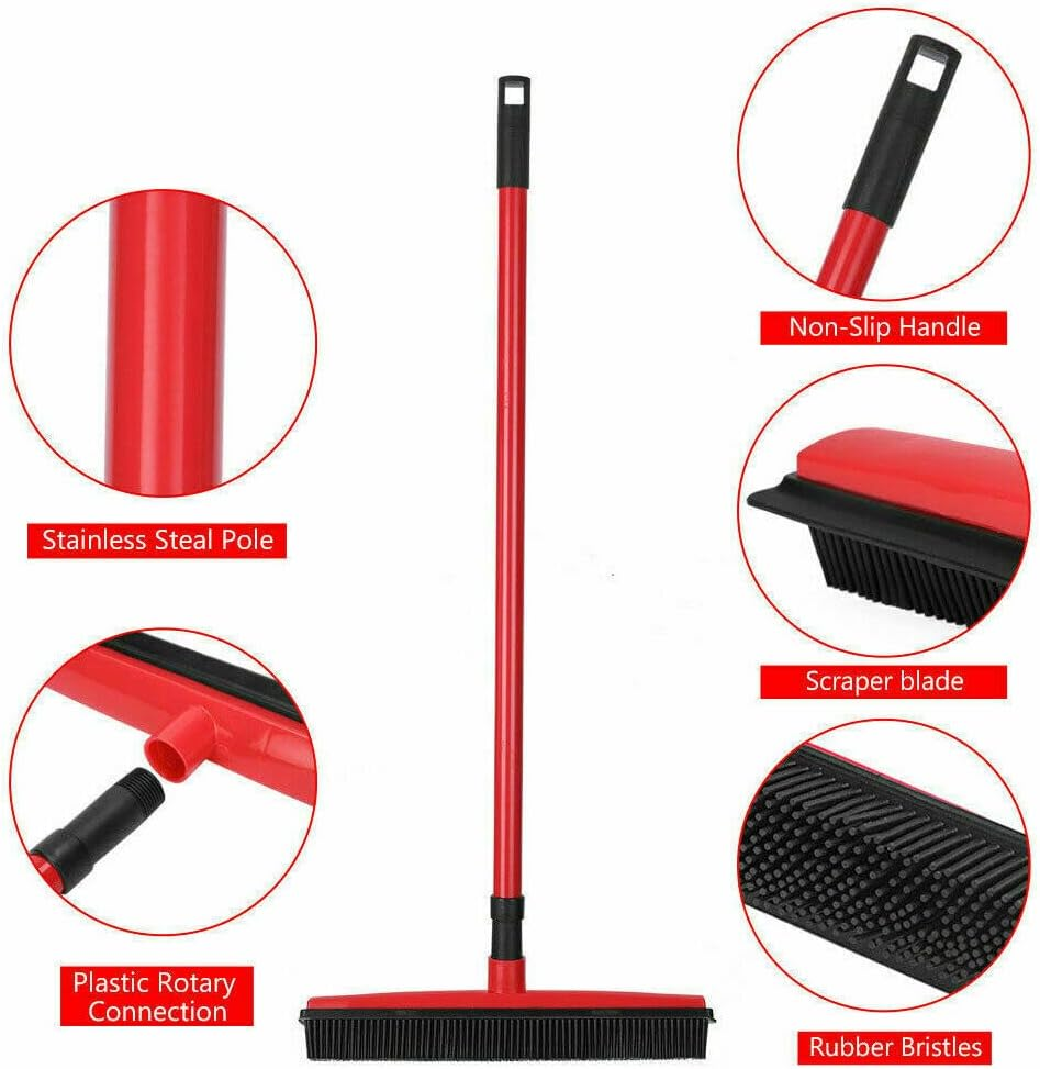 2X Rubber Broom for Dog Cat Pet Hair Car Windows Handle Sweeper Squeegee Floor (Black & Red) - Black  Red image number 5
