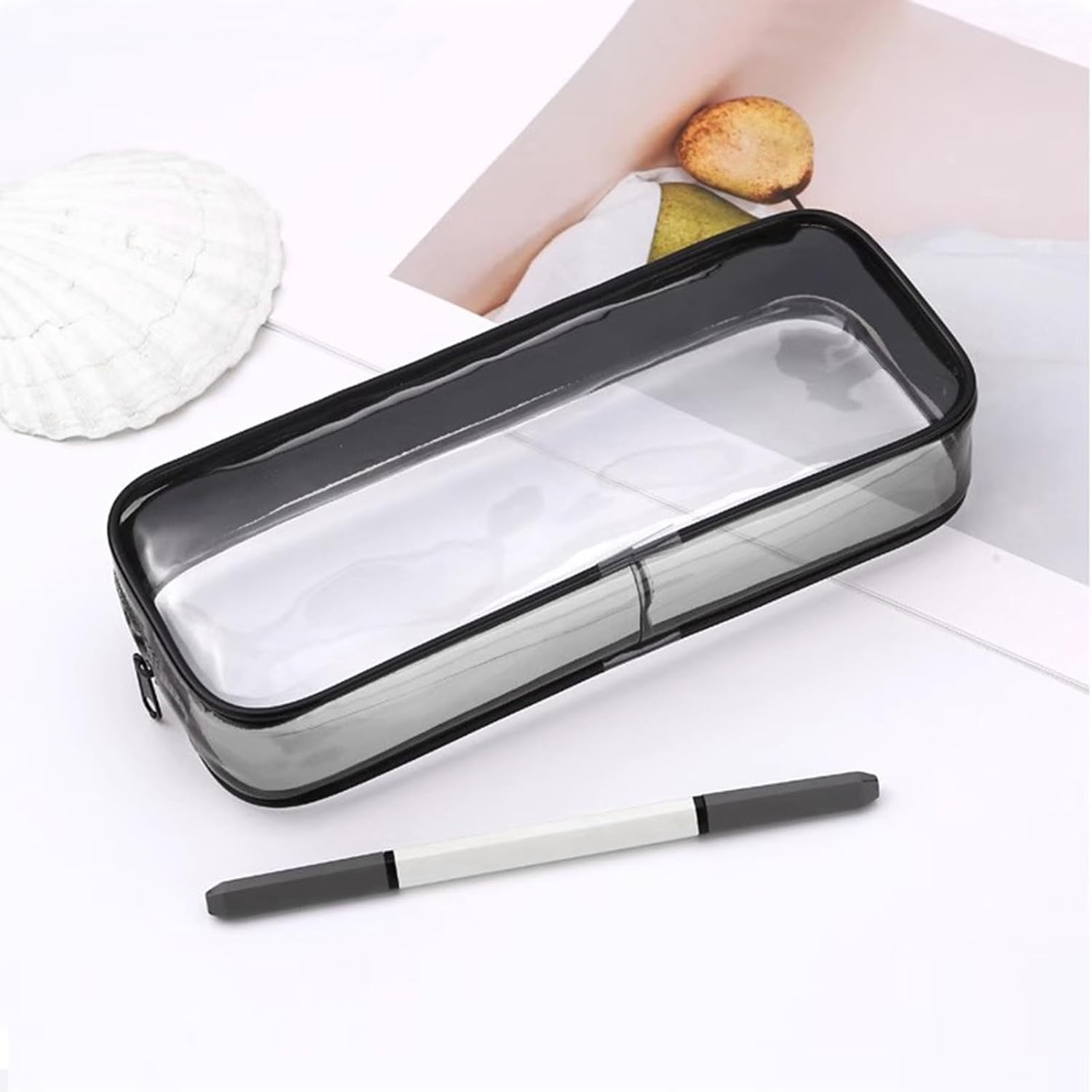 Juxiamal 2Pcs Clear Cases with Zipper, Multi-Use Travel Makeup Brush Bags Toiletries Exam Pouch Case Travel Luggage Make up Cosmetic Bag (Black and White), Black and White image number 4