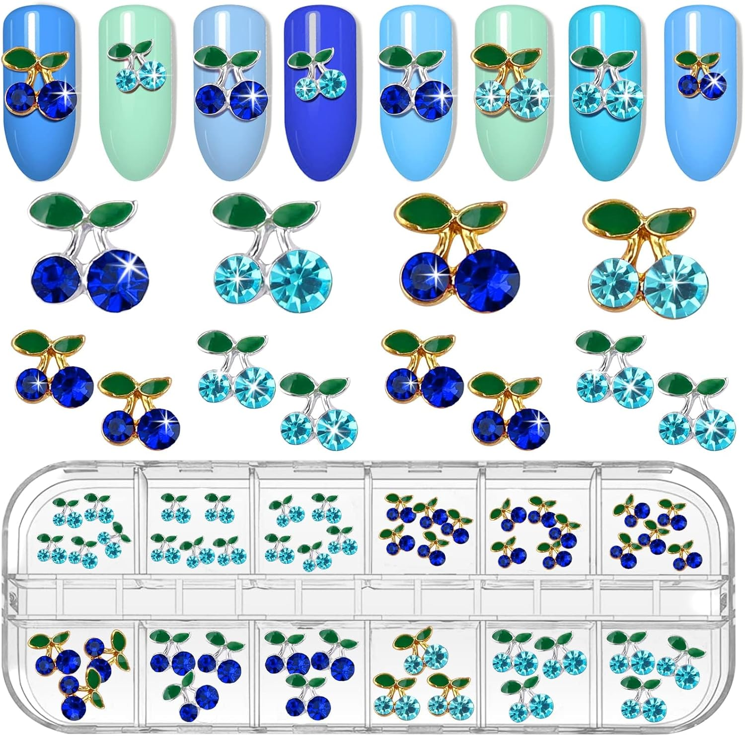 Kalolary Cherry Nail Rhinestones, 48Pcs 3D Cherry Charm Blue Fruit Diamond Crystal Nail Studs Alloy Nail Gems for Women Nail Art Decoration image number 1