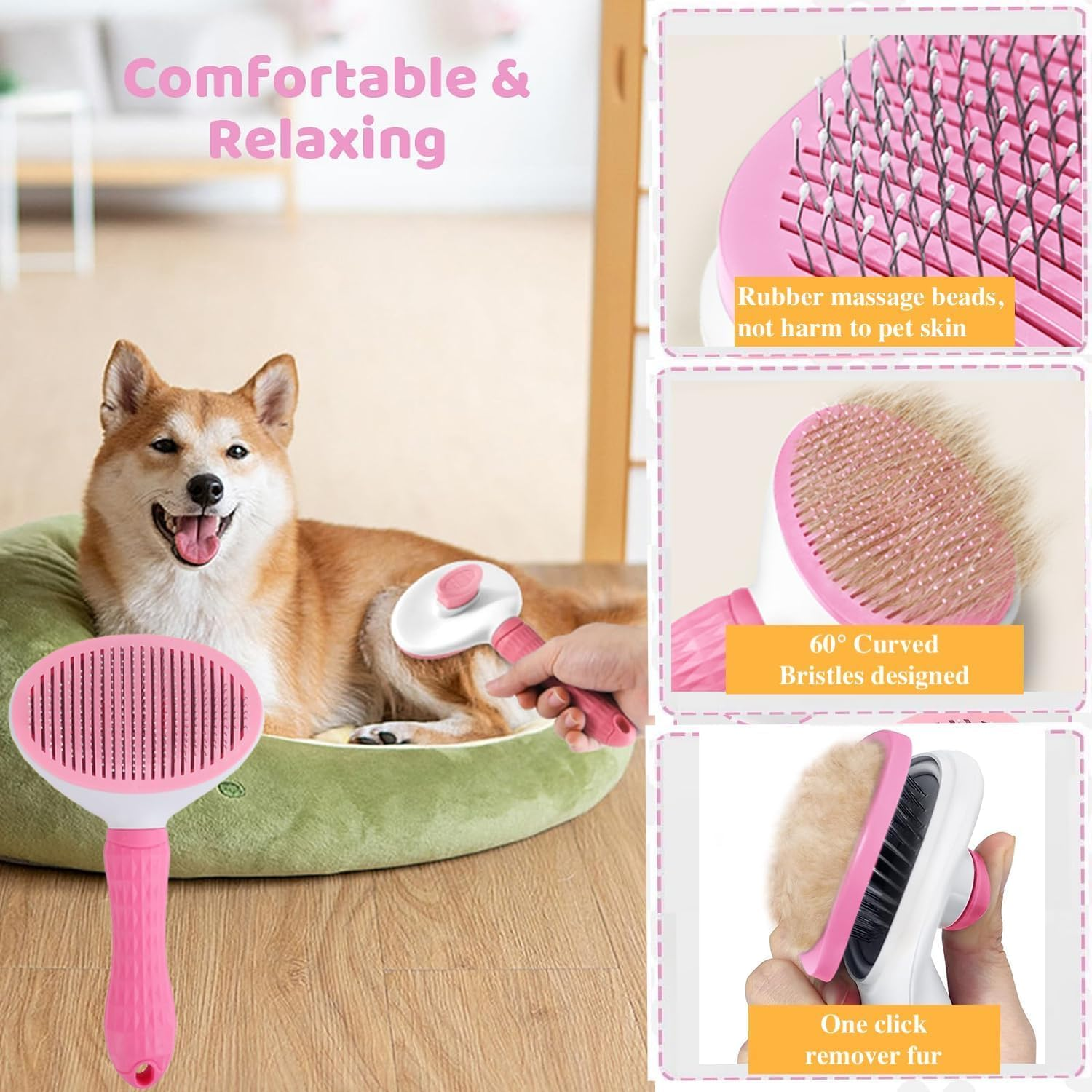 7Pcs Pet Grooming Kit, Self-Cleaning Brush Shedding Kit with Nail Clipper, Flea Comb, Shampoo Bath Brush, Finger Toothbrush, Storage Bag (Pink) image number 3
