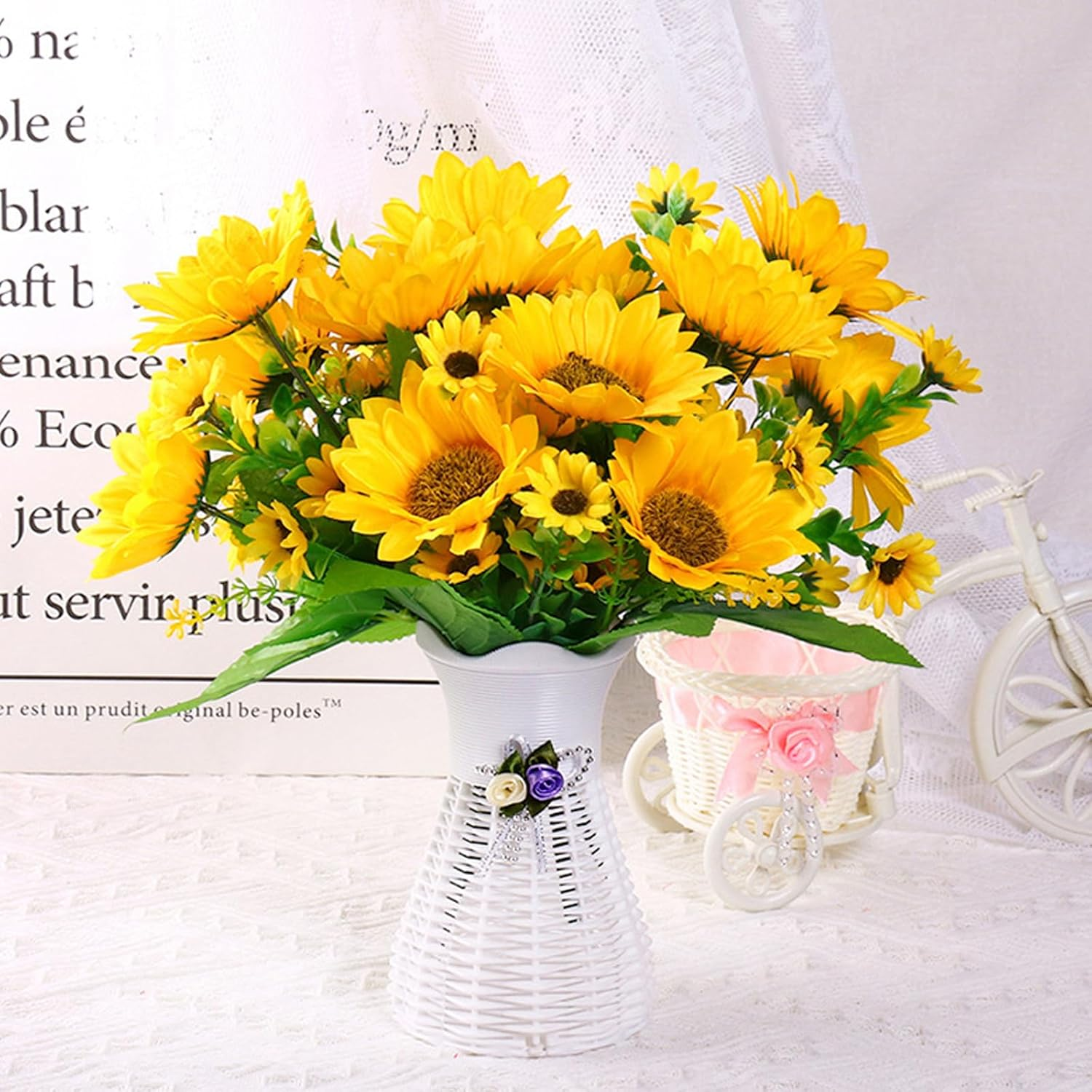 Bacucine 6PCS Artificial Sunflower Bouquets Fake Flowers Silk Sunflowers Faux Yellow Flowers for Home Wedding Table Party Garden Decor image number 6