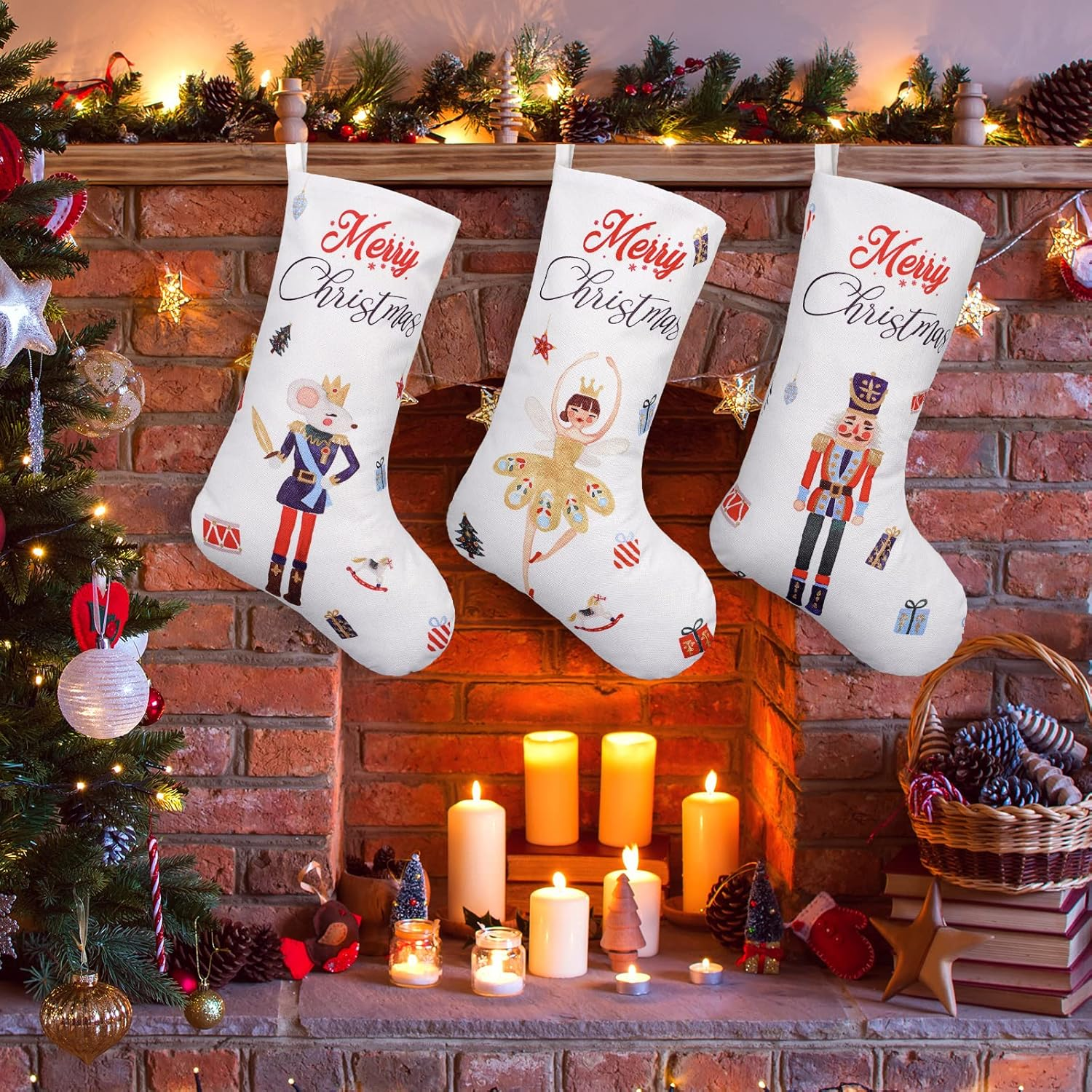 Anydesign Large Nutcracker Christmas Stocking 18 Inch Xmas Hanging Stocking 3Pcs Rustic Vintage Watercolor Favor Treat Stocking Gift Bag for Kids Fireplace Xmas Tree Indoor Party Decoration image number 3