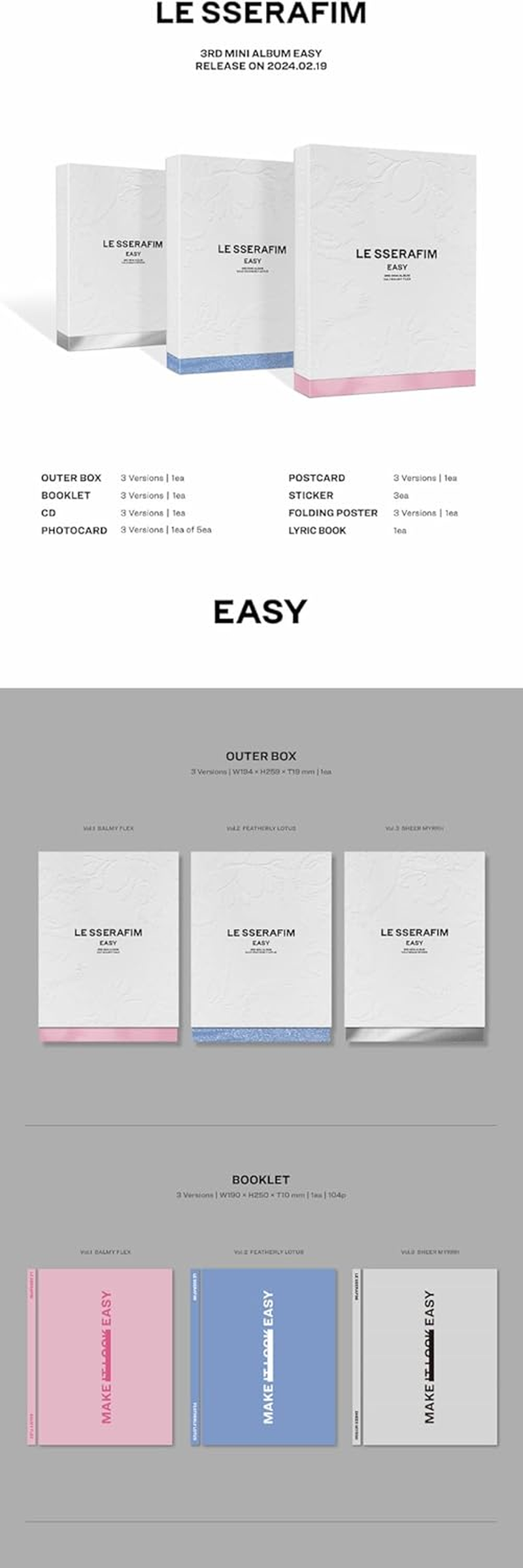 LE SSERAFIM Easy 3Rd Mini Album Standard Vol.2 Version Cd+1P Folding Poster on Pack+104P Booklet+1P Photocard+1P Postcard+3Ea Sticker+1Ea Lyric Book+Tracking Sealed LSFM image number 2