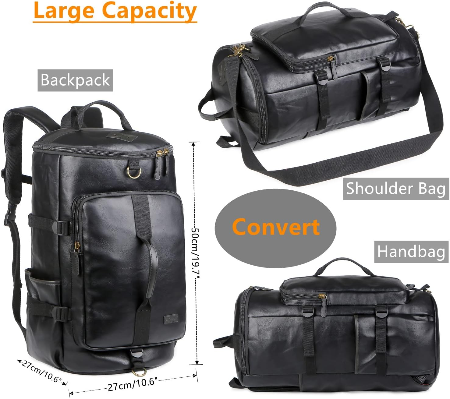 Baosha Stylish Vegan Leather Men Weekender Travel Duffel Bag Backpack Hybrid Hiking Rucksack Overnight Bag Convertible HB-26 image number 3