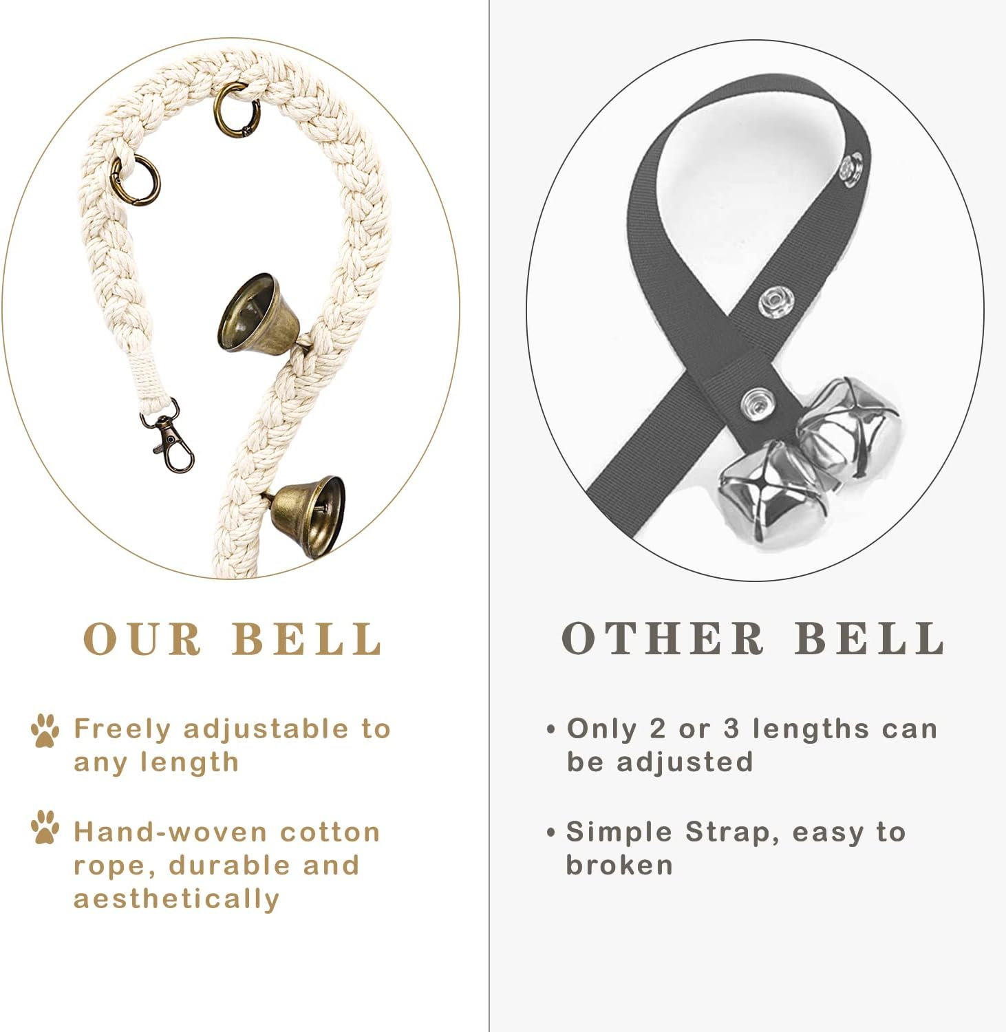 KLOGTSIND Dog Bell for Door Potty Training, Cotton Handwoven Dog Doorbell with 6 Extra Loud Bells for Dog Training, Adjustable Hanging Door Bell for Small Medium Large Dogs to Ring to Go Outside - Gold; 2 Pack image number 7