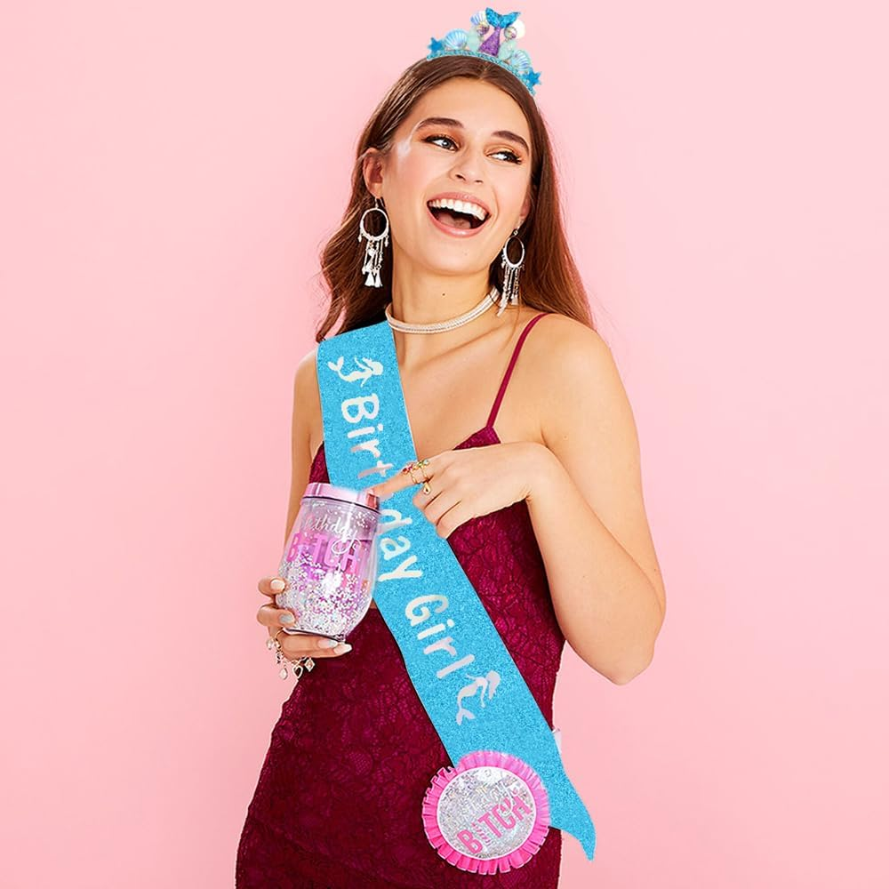 AOPRIE Birthday Girl Sash for Women Girls Mermaid Birthday Headbands Birthday Tiara & Crowns for Girls Happy Birthday Accessories Favor Supllies Blue, 2 Pack - Pink image number 7