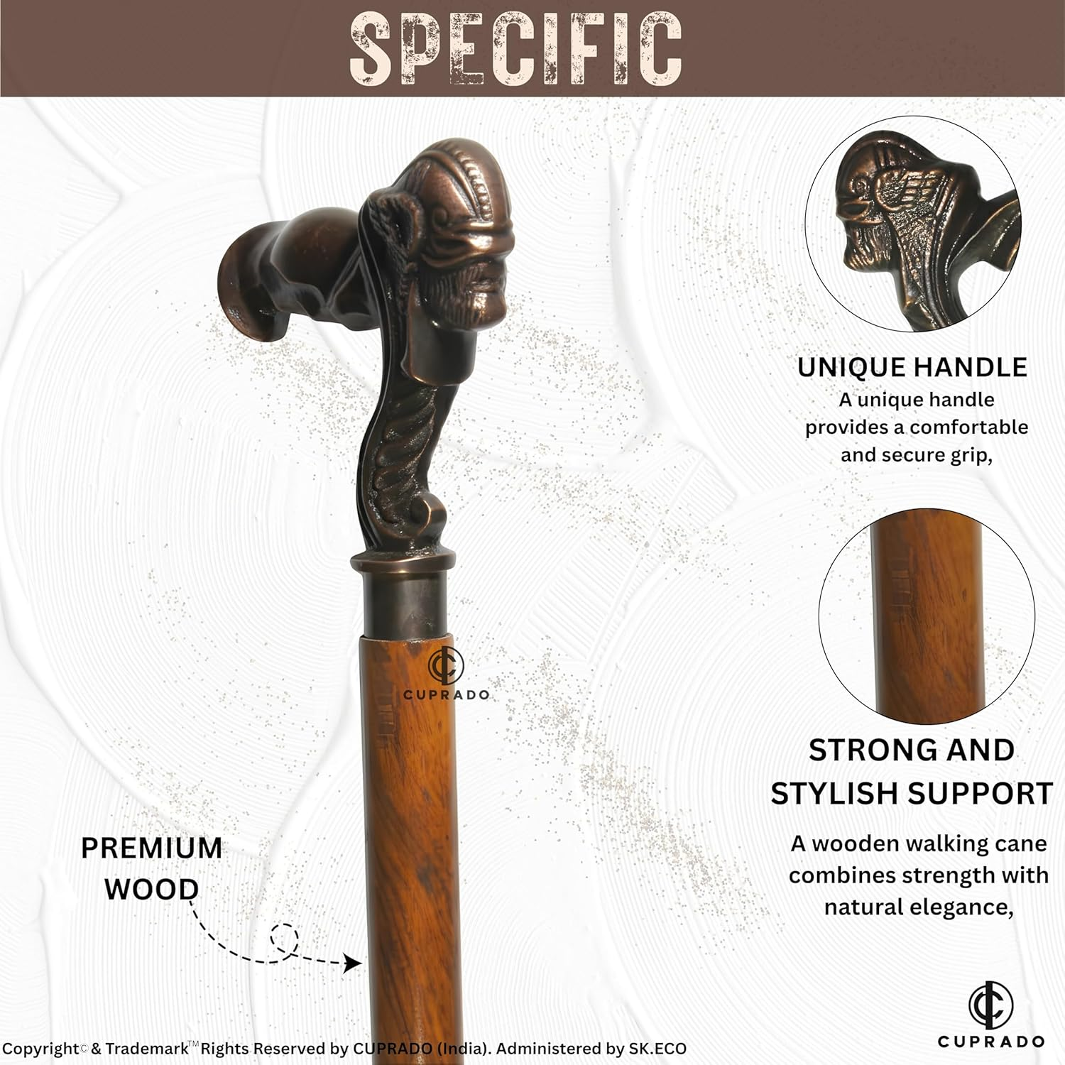 Vintage Wooden Walking Cane with Brass Skull Handle | 39&rdquo; Antique Style Designer Walking Stick for Men & Women | Collectible & Decorative Cane Gift image number 4