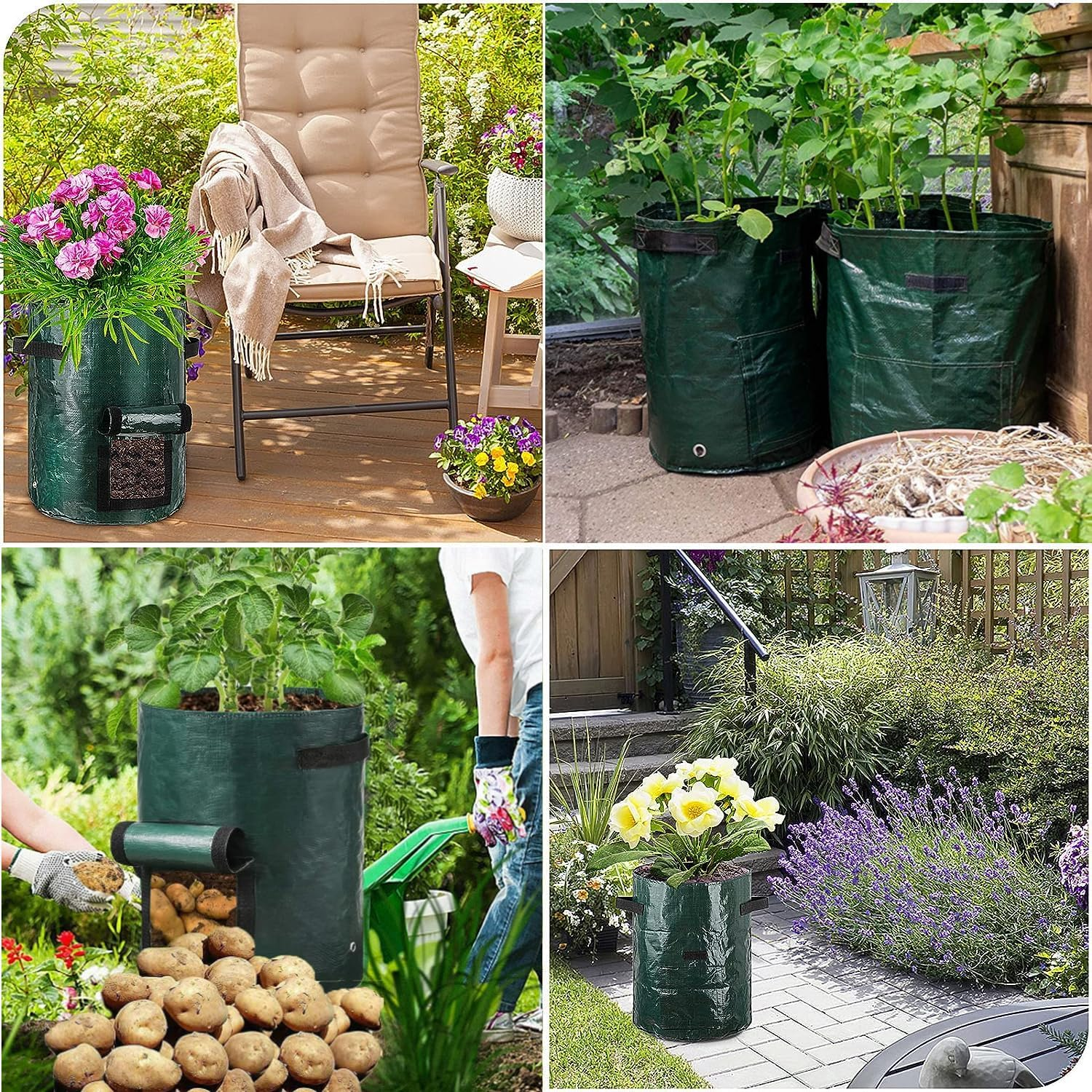 5 Pack 10 Gallon PE Fabric Potato Grow Bag Set,H HOME-MART Garden Plant Grow Bags for Potatoes, Carrots, Tomatoes, Cucumbers and Other Vegetables. Made in Green Polyethylene Complete image number 5