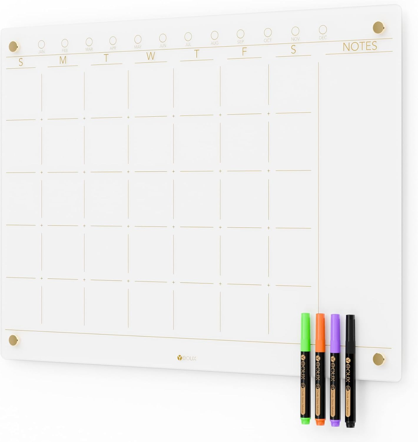 Glass Golden Weekly Dry Erase Calendar White Board for Wall, to Do List & 7 Days Planner Whiteboard for Home Office, 58.6X24Cm, 4 Markers Included, Yeoux