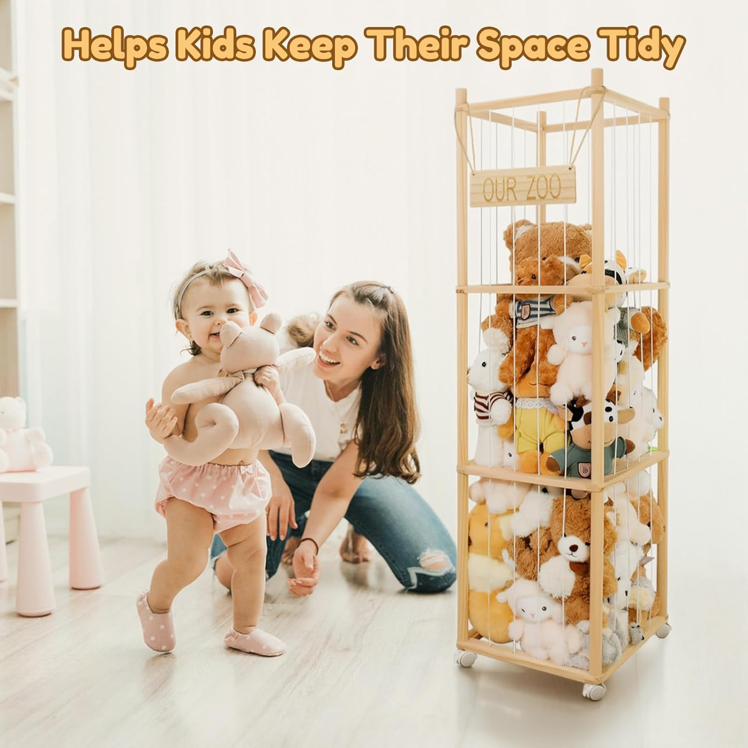 Wooden Plush Toy Storage Tower with Wheels, Stuffed Animal Storage Elastic Cord Cage for Plush Toys, Soft Toy Organiser for Kids' Room & Play Area image number 3