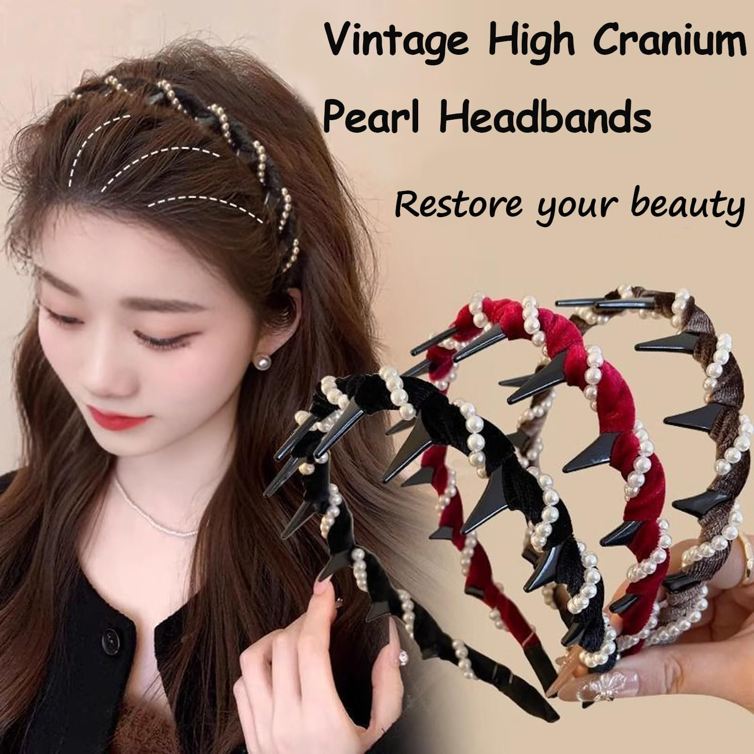 Pack of 3 Vintage High-Cranium Faux Pearl Headband Women - Zigzag Headband with Teeth, Non-Slip Headband Women & Girls, Crystal Hair Accessories, Hair Accessories Set for Wedding, Party & Everyday Use image number 5