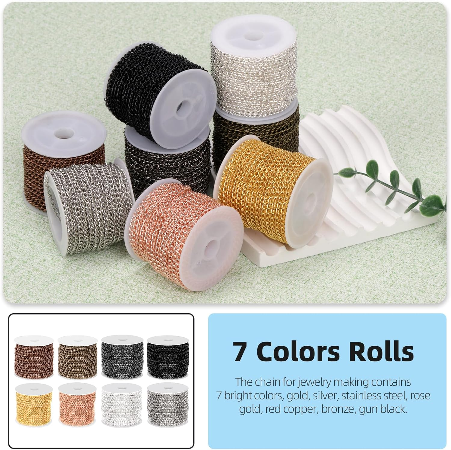 Glarks 102Pcs 30 Feet White Cable Link Chains Set with Lobster Clasps and Jump Rings for Jewelry Making - Black image number 4