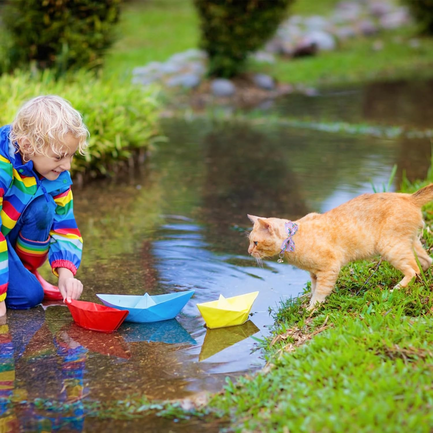 SCENEREAL Cat Collar with Bells, 2 Pcs Breakaway Cat Collars with Adustable Bowtie, Safety Kitten Collar for Boy Girl Cats Puppy, Cute Rainbow & Floral Pet Collar, Green & Purple - Butterfly  Avocado image number 7