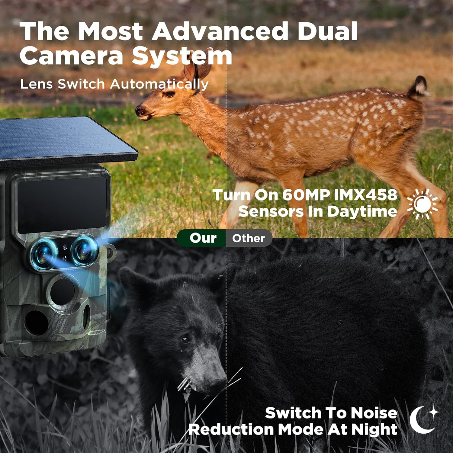 VOOPEAK Solar Trail Cameras 60MP 4K Dual Lens, Wifi Bluetooth Hunting Game Camera with Starlight Night Vision,Motion Activated IP66 Waterproof Camera Chasse for Wildlife Monitoring image number 1