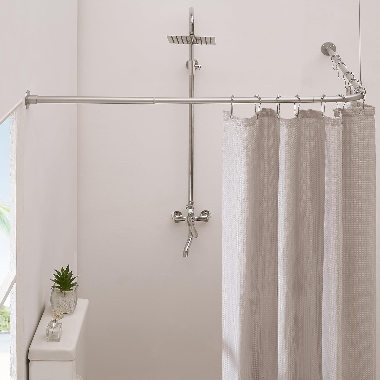 Crkmire Corner Shower Curtain Rod, Silver Gray [24"-53"] X [24"-53"] Adjustable L Shaped Shower Rod No-Sagging 90 Degree Curved Curtain Rod for Bathroom Bathtub with 12 Ring Hooks & Ceiling Support image number 3