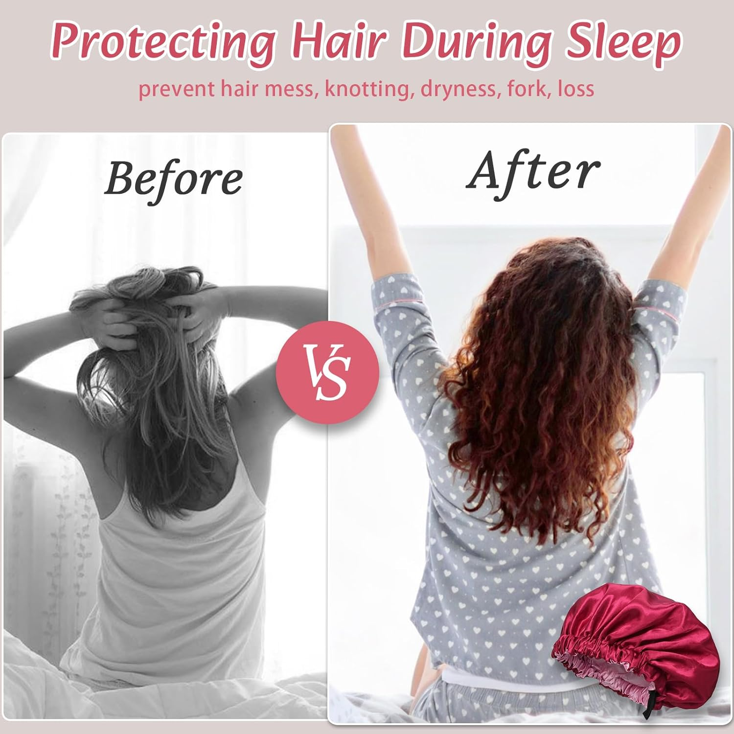 Euqvunn Pack of 2 Silk Bonnet for Sleeping, Adjustable Silk Sleep Cap with Wide Elastic Band, Double-Sided in Two Colours, Protection for Long/Straight/Curly Hair (Black Red) image number 2