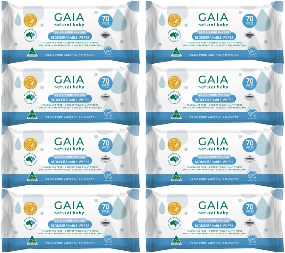GAIA Natural Baby 99.5% Pure Water Wipes | Pure Australian Water | Paediatrician Approved | Dermatogically Tested | Suitable for Sensitive Skin | Suitable for Newborns | Australian Made | 8X70Pk image number 2