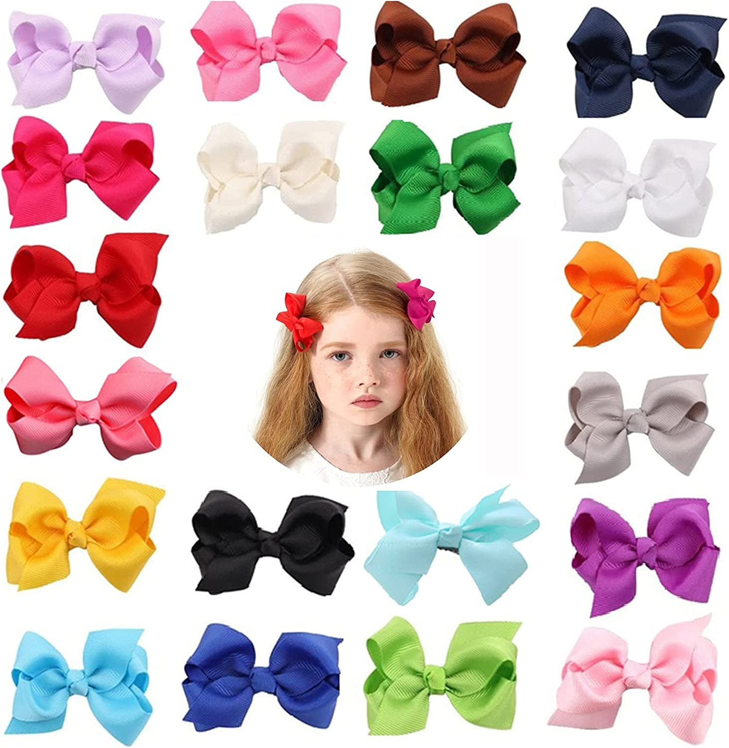 3 Inch Baby Girls Clips,20 PCS Proxima Direct Baby Hair Clips,Grosgrain Boutique Solid Color Ribbon Mini Hair Bows Clips for Baby Girls Teens Infants Kids Toddlers Children
