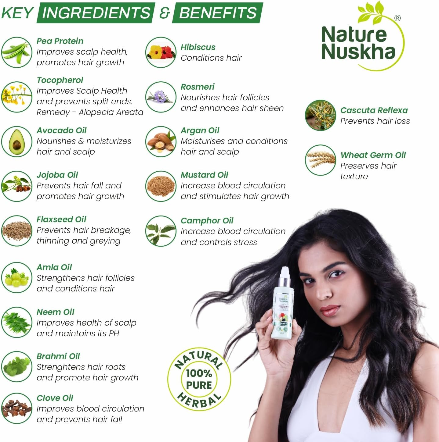 Nature Nuskha Hair Oil plus with Pea Protein, Tocopherol and Avacado Oil, Controls Hair Fall, Repairs Chemically Damaged Hair, Non-Sticky, for Women & Men, All Hair Types, 100Ml