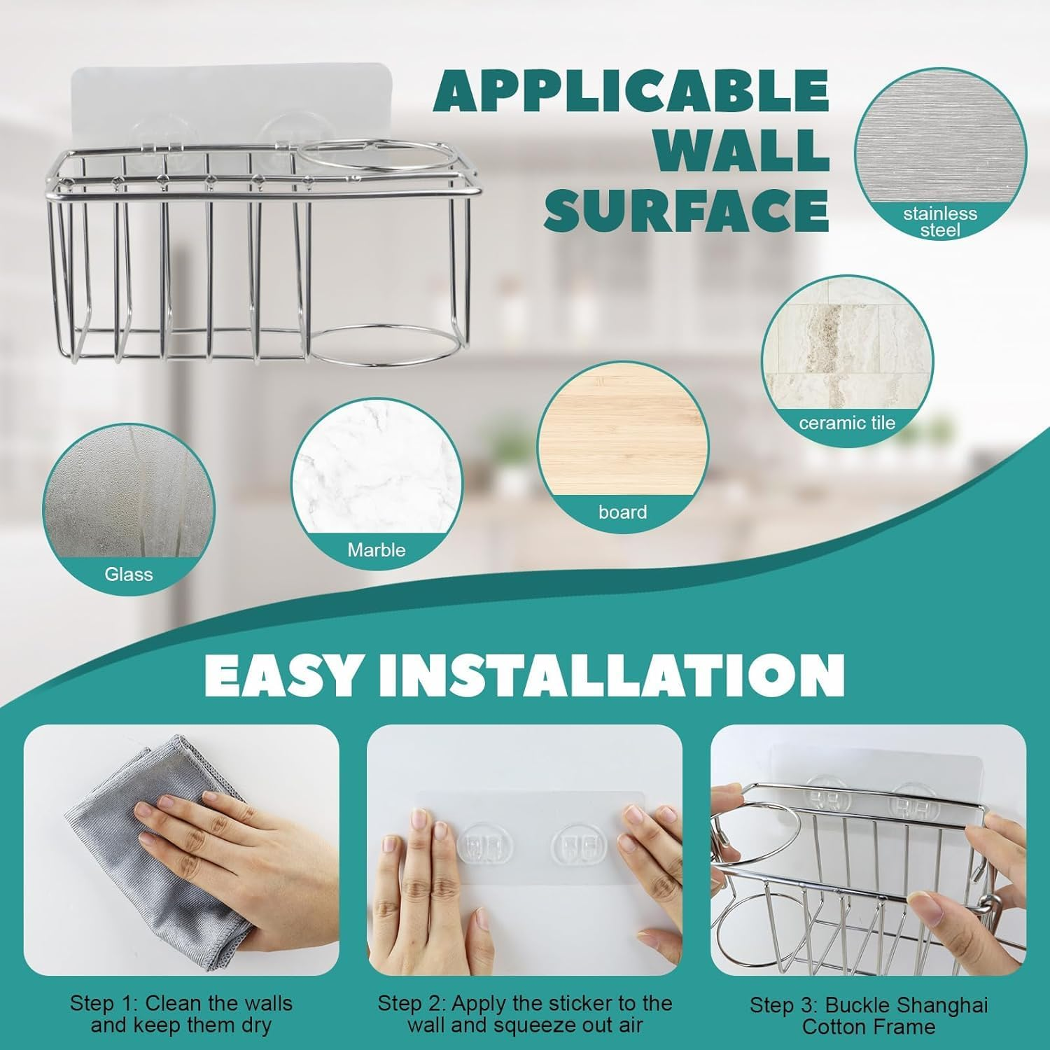 Sponge Rack for Kitchen Sink, Sink Rack Kitchen Sink Storage Box Stainless Steel, Sticky Dish Brush and Cloth Rack (With Nail Free Stickers) image number 3