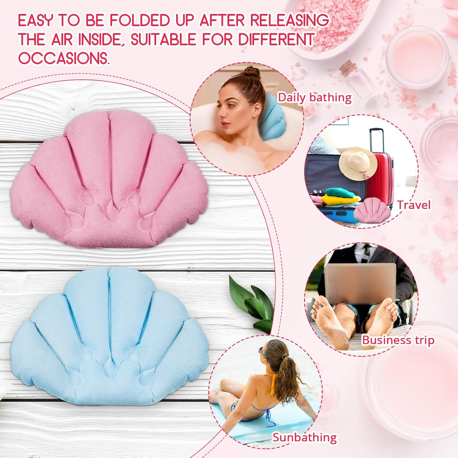 2 Pieces Inflatable Bath Pillow with Suction Cups, Terry Cloth Covered Bath Pillow Shell Shape Bathtub Spa Pillow Comfortable Soft Bath Cushion, Neck Support for Bathtub, Hot Tub, Home Spa Tub image number 4