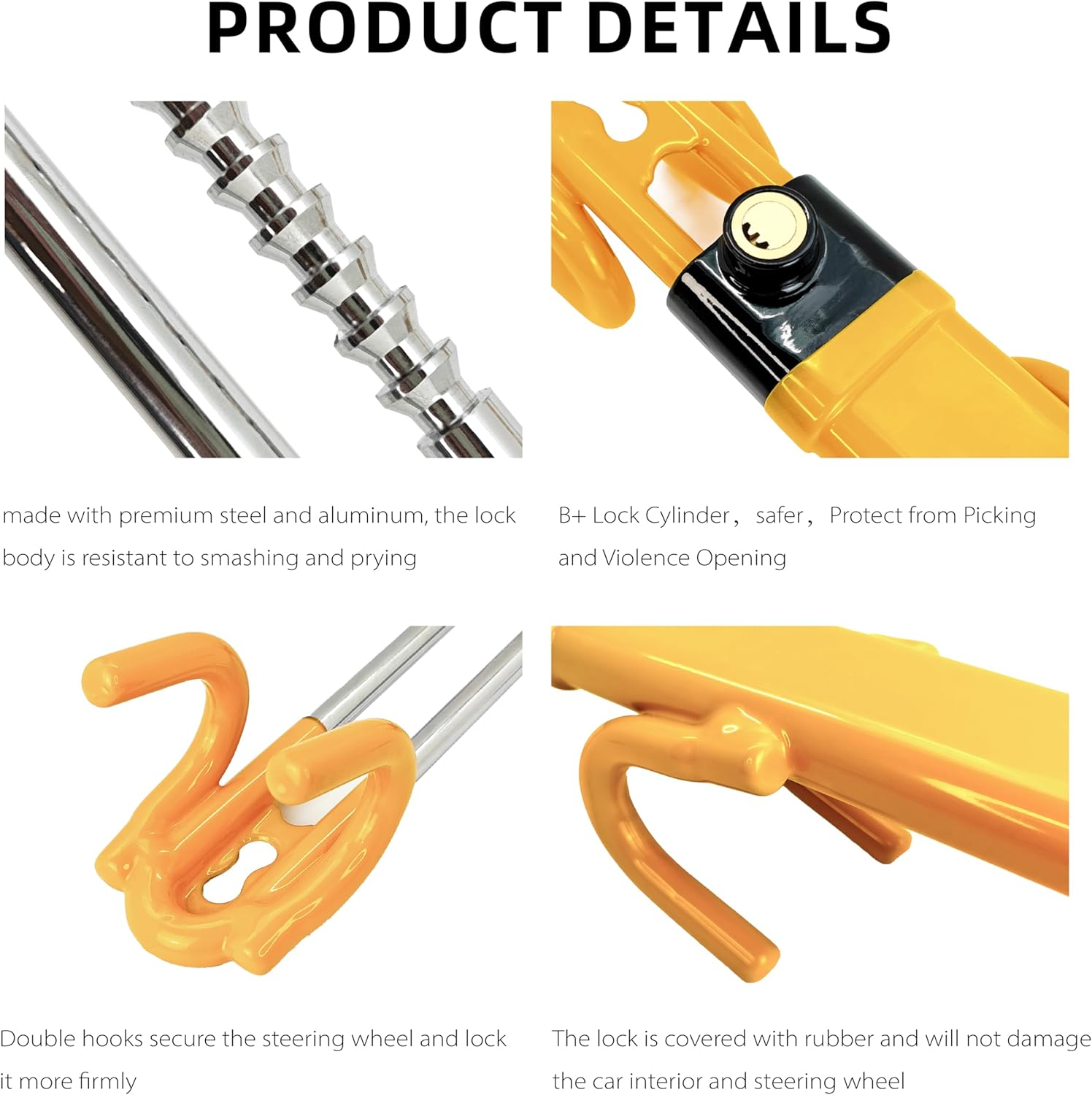 KNFRXO Steering Wheel Lock for Car Universal Adjustable Length Anti-Theft Device Car Locks Double Hook Locks for Car SUV Pickup Truck Van(Yellow) image number 4