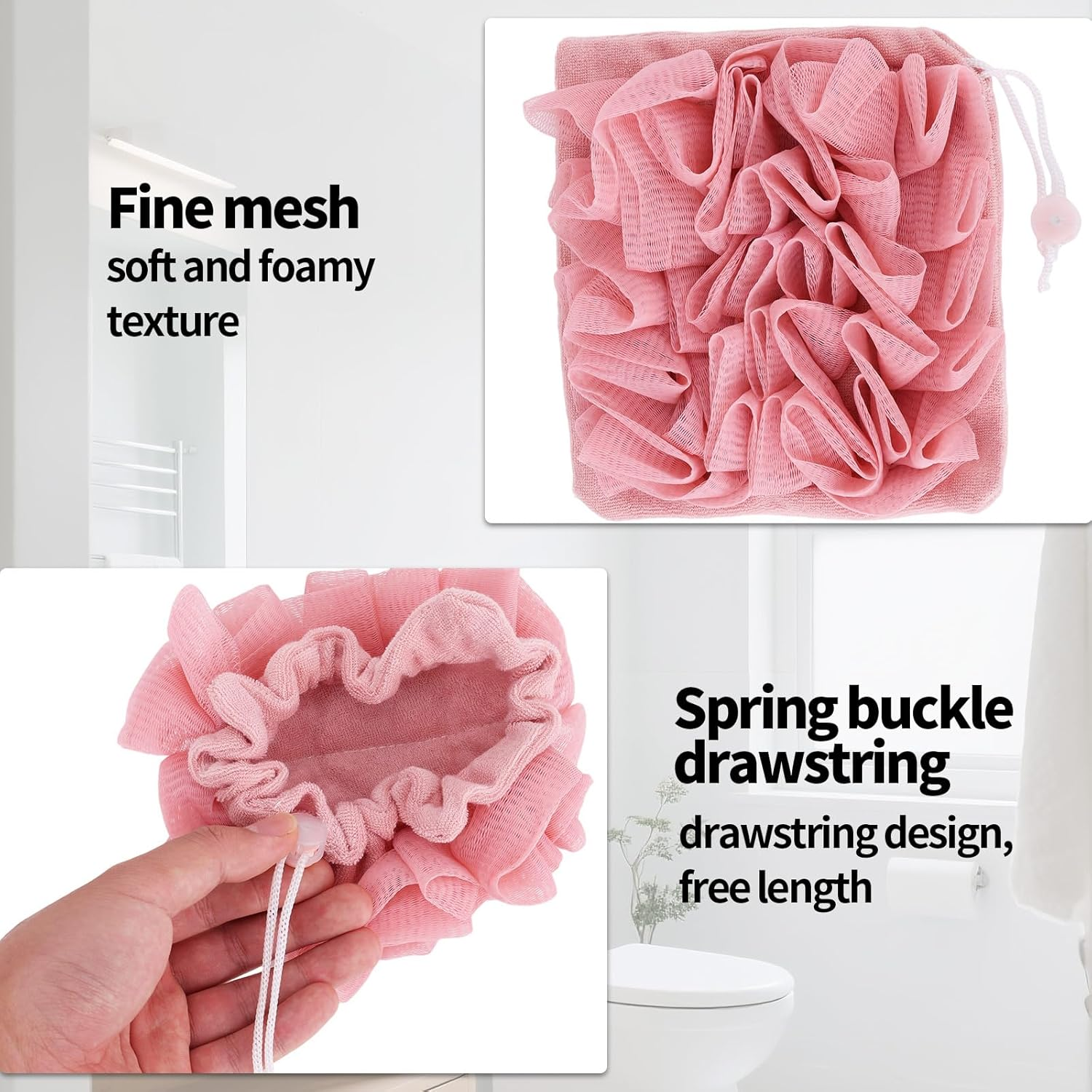 2Pcs Loofah Washcloth for Bar Soap, 2-In-1 Exfoliating Bath Sponge with Drawstring Reusable Mesh Shower Puff for Smoothing Skin & Body Cleansing (Pink, Beige)
