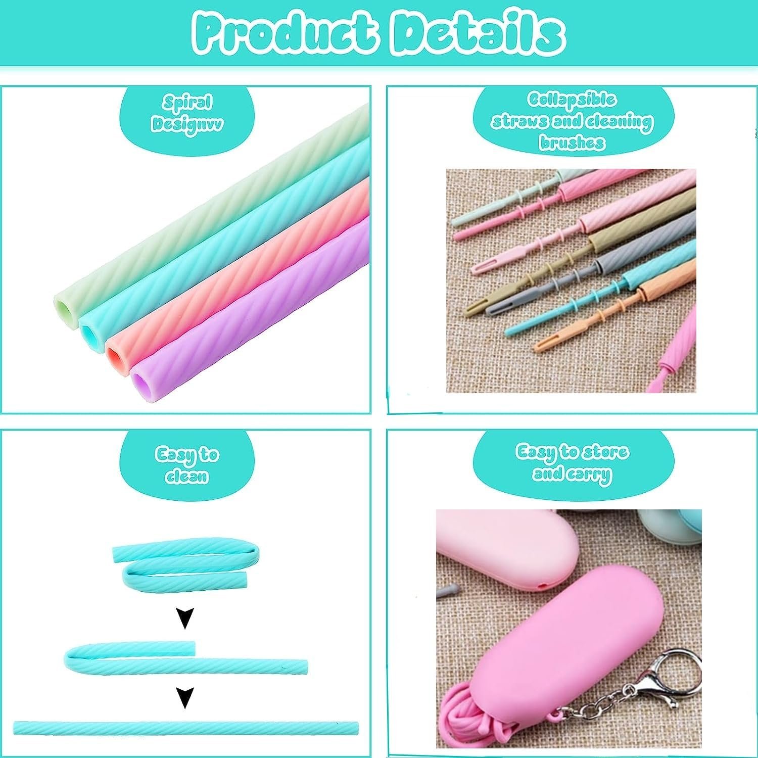 4 Set Reusable Silicone Straws with Case Foldable Portable,Travel Straws with Cleaning Brush for Party Travel Daily Cold or Hot Straws image number 2